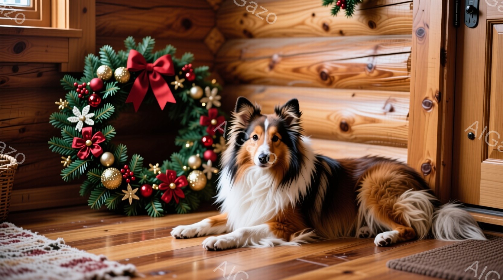 コリー犬が木の床に座り、正面を見つめている。背景には、赤色のリボンと金色の飾りで飾られたクリスマスリースがあり、暖炉のそばの木製の壁が暖かく家庭的な雰囲気を作り出している。全体的に、犬はリラックスした - AI生成フリー素材
