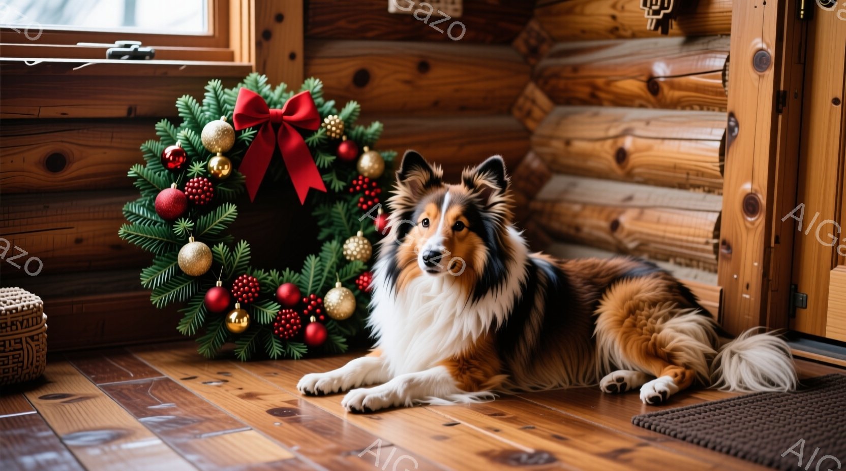 暖炉の前に置かれたプレゼントボックスの周りで、ふわふわのシェットランドシープドッグの子犬が片手を伸ばしています。子犬は明るい茶色と白の毛並みで、好奇心と遊び心に満ちた表情をしています。背景には、赤や金 - AI生成フリー素材