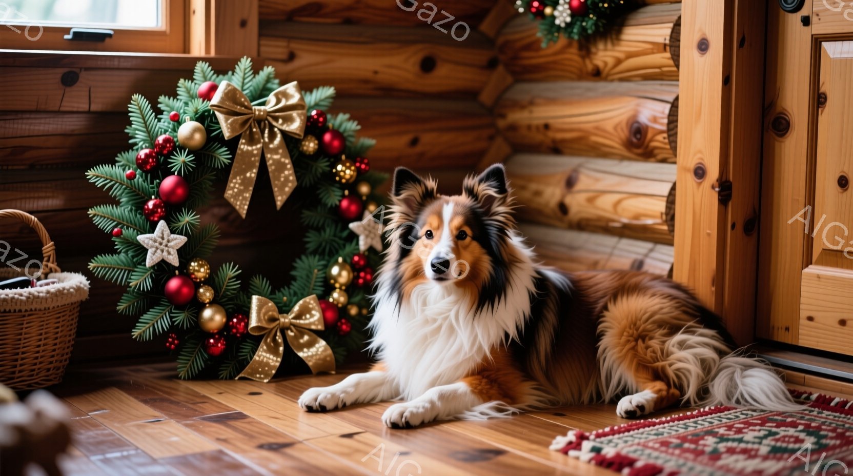 コリー犬が木の床の上に横たわっており、背景にはクリスマスリースと装飾が施されたドアがあります。犬はリラックスした表情で、毛並みが美しく、暖炉の温かみのある光が犬を照らしています。全体的に、温かく、お祝 - AI生成フリー素材