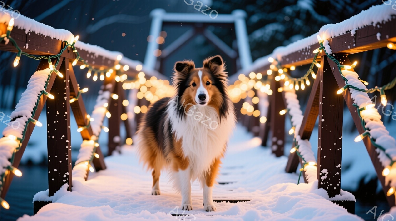 雪に覆われた木製の橋の上に、茶色と白のボーダーコリーが立っている。その犬はまっすぐ前を見据え、穏やかで落ち着いた表情をしている。背景には雪景色が広がり、橋には暖かい光を放つクリスマスライトが飾られている。
