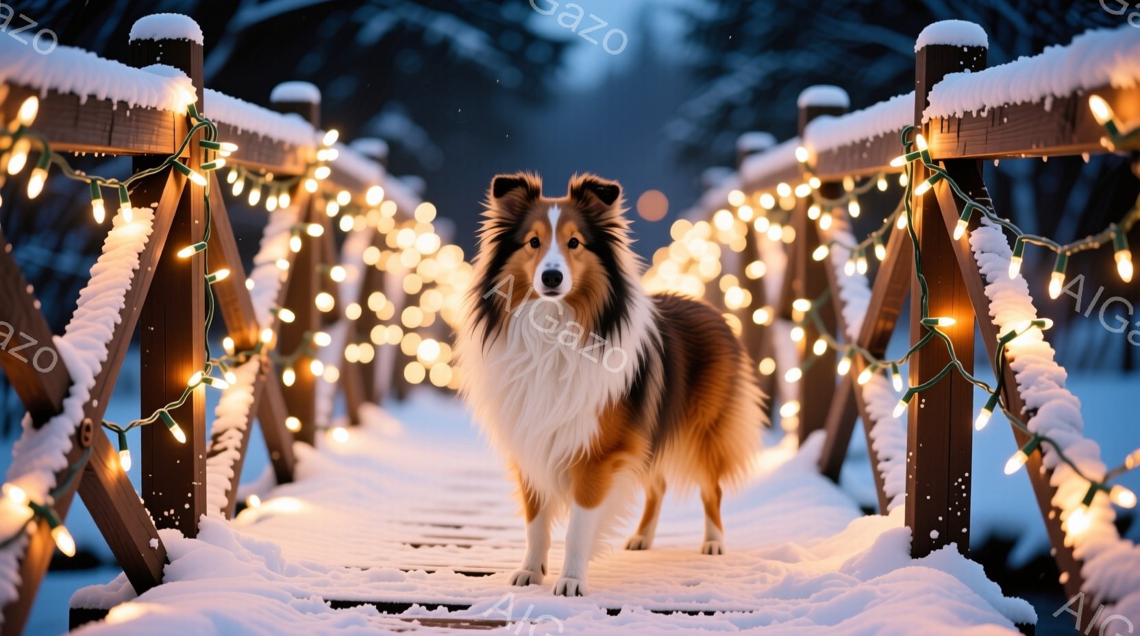 長毛のシェットランドシープドッグが雪に覆われた木製の橋の中央に立っている。周囲は温かい色の電飾で飾られ、雪が舞う冬の夜の幻想的な雰囲気を醸し出している。犬はまっすぐ前を見ており、穏やかで落ち着いた表情 - AI生成フリー素材