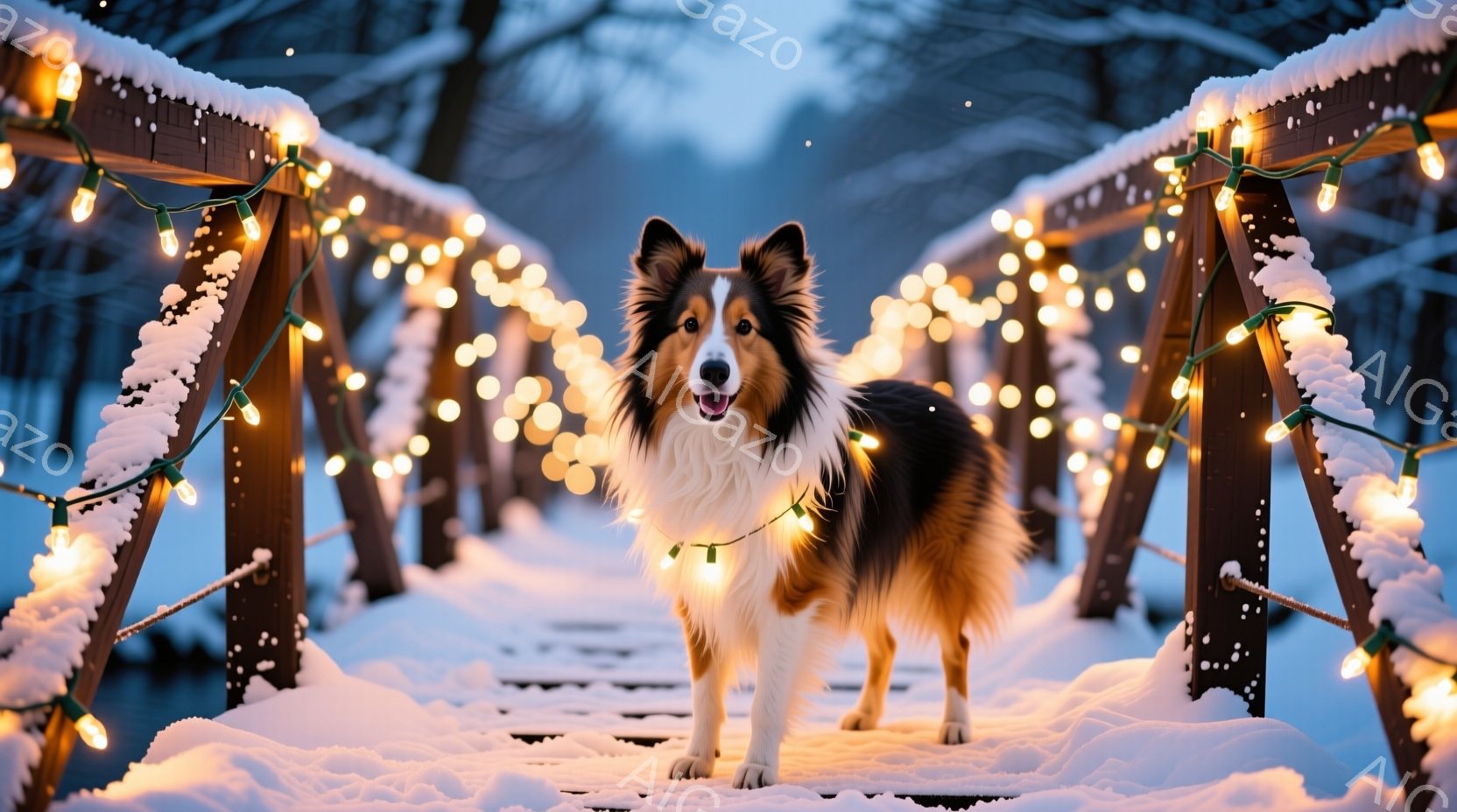 雪に覆われた木製の橋の上に、美しいボーダーコリーが立っている。温かい光を放つ電飾が橋全体を飾り、犬を照らし出している。背景は雪景色で、冬の穏やかで幻想的な雰囲気が漂っている。