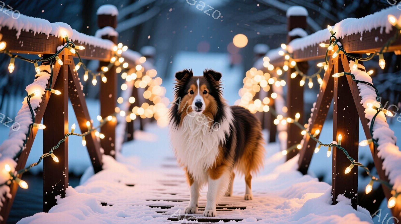 雪に覆われた木製の橋の上を、トリカラーのシェットランド・シープドッグが堂々と歩いている。橋は無数の温かい光のイルミネーションで飾られ、背景にはぼやけた雪景色が広がり、冬の温かく幻想的な雰囲気を醸し出し - AI生成フリー素材
