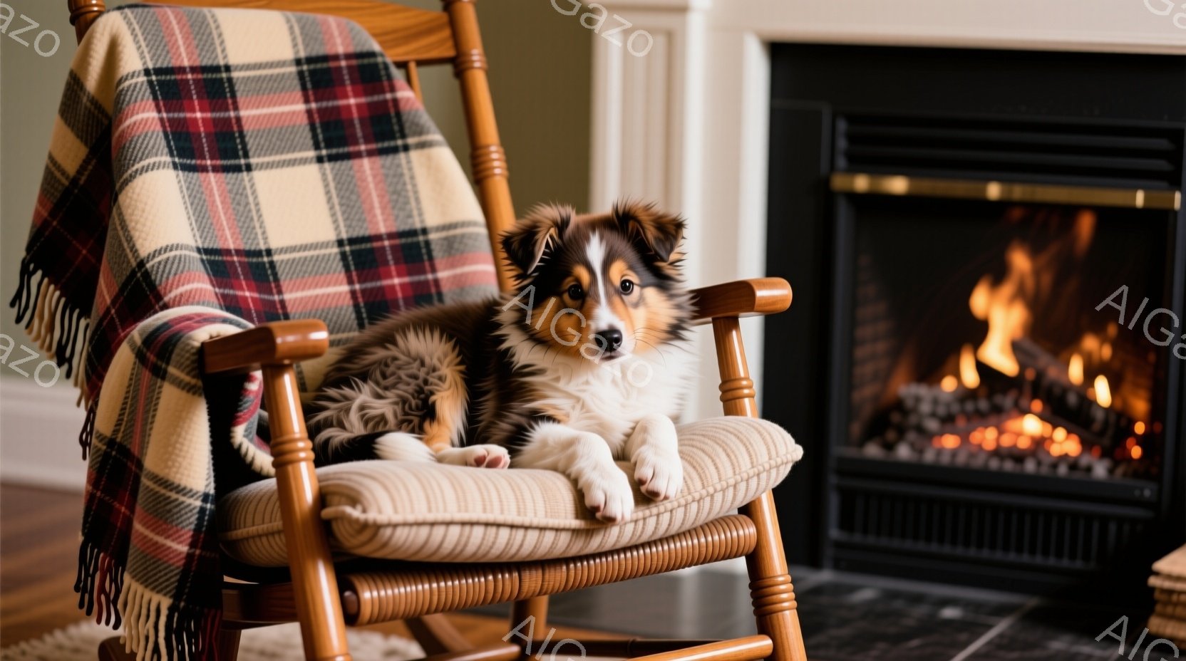 温かみのある木製のロッキングチェアに、ふわふわとした茶色と白の毛並みのコリー犬がゆったりと座っています。犬はリラックスした表情で、少し眠たげな様子です。背景には暖炉があり、炎が燃えており、部屋全体が温 - AI生成フリー素材