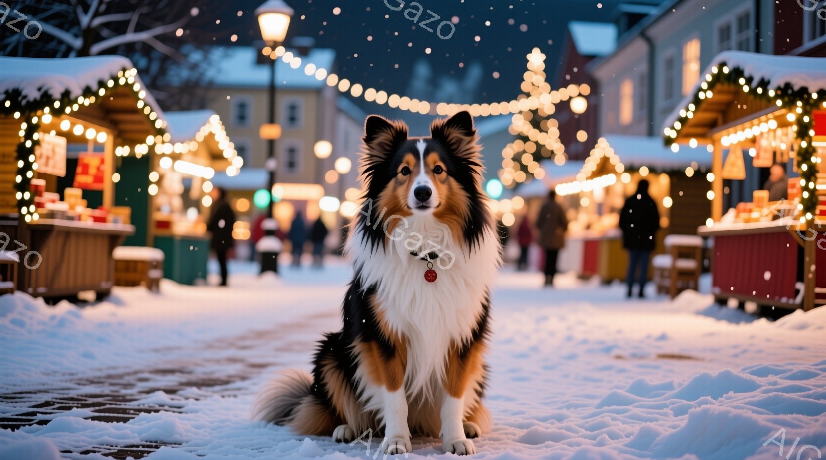雪景色の中で、毛並みの美しいコリー犬が勢いよく走っている。背景には、キラキラと輝くイルミネーションで飾られたクリスマスツリーがぼんやりと見え、幻想的な雰囲気を醸し出している。犬は口を開けて楽しそうに走 - AI生成フリー素材
