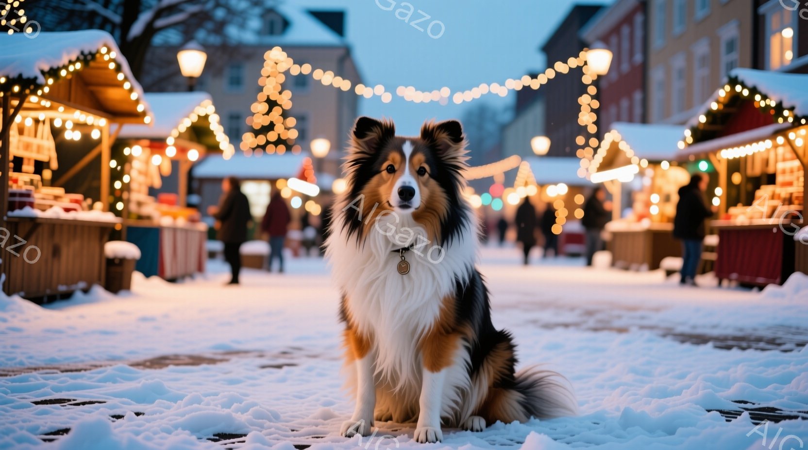 白と黒のボーダーコリーが雪景色の中で座っており、首輪には小さなメダルが付いている。背景にはクリスマスのイルミネーションが飾られた屋台が並び、ぼんやりとした人影が見える。雪が降り積もり、全体的に暖かく幻 - AI生成フリー素材