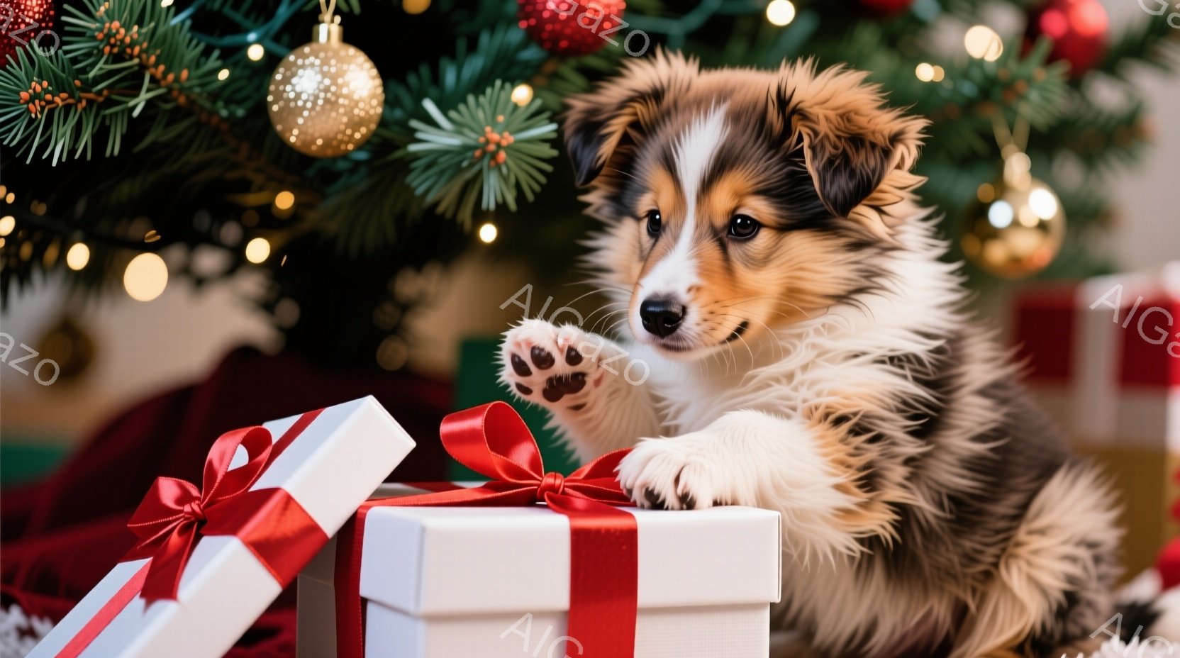 クリスマスツリーの前に置かれた白いプレゼントボックスに、コリーの子犬が前足をかけて遊んでいます。子犬は茶色と黒の毛並みで、好奇心旺盛な表情でカメラを見つめています。背景には緑のクリスマスツリーが飾られ - AI生成フリー素材