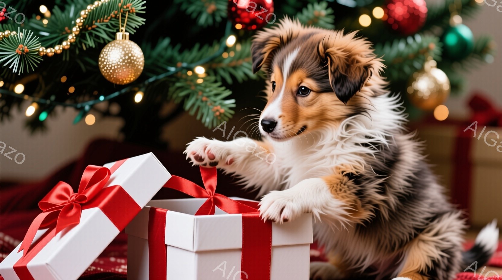 鮮やかな背景のクリスマスツリーの前に、ふわふわのトリカラーのコリーの子犬がいます。子犬は白いリボンのかかったギフトボックスに前足をかけて、好奇心と興奮を込めた表情で中を覗き込んでいるようです。暖かく、 - AI生成フリー素材