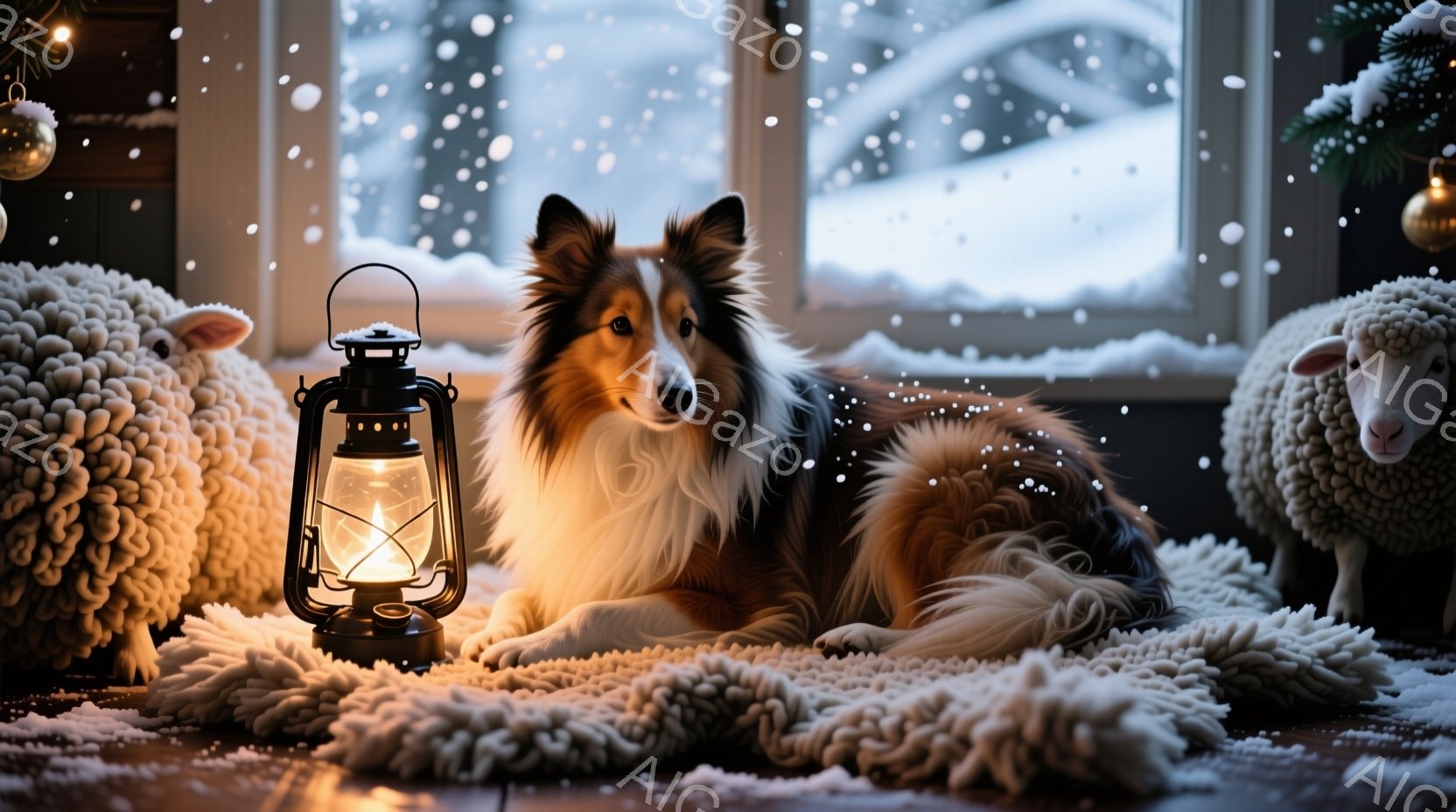 長毛のコリー犬が、ふわふわの白いラグの上に横たわっています。背後にはクリスマスツリーと、羊の形をした白いぬいぐるみがあり、窓の外は雪が降る冬景色です。古風なオイルランプが犬の横に置かれ、温かく優しい光を灯しています。
