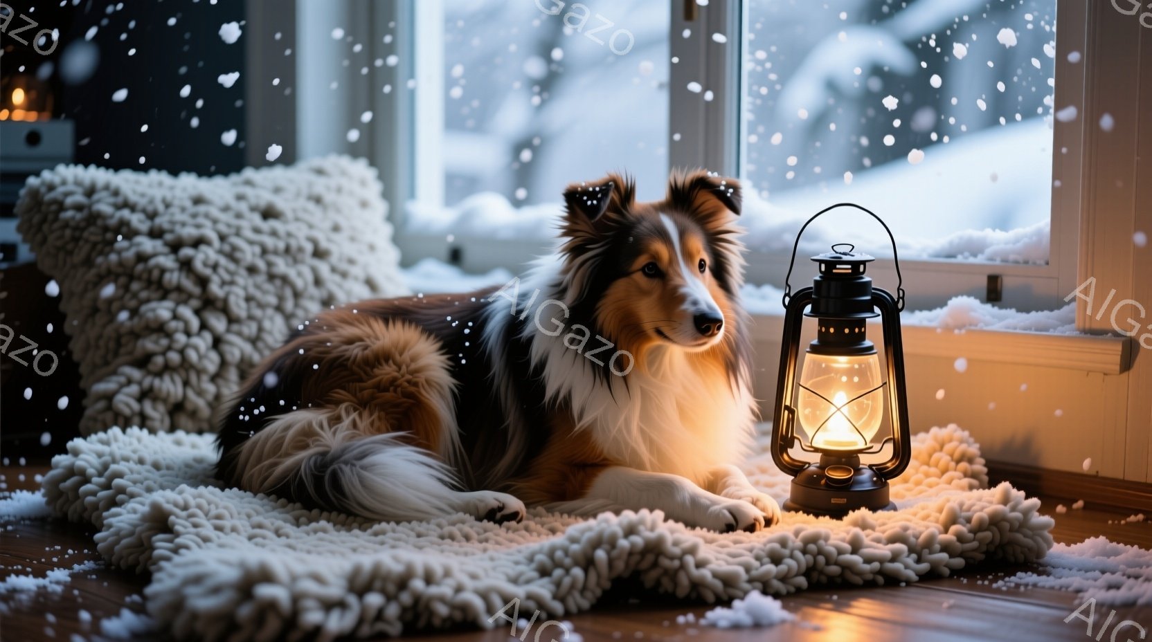 白と茶色のボーダーコリーが、ふかふかの白いラグの上に横たわっています。窓の外は雪景色で、暖炉のようなオレンジ色の光を放つランタンが犬のそばに置かれ、温かい雰囲気を醸し出しています。雪が降り積もり、室内 - AI生成フリー素材