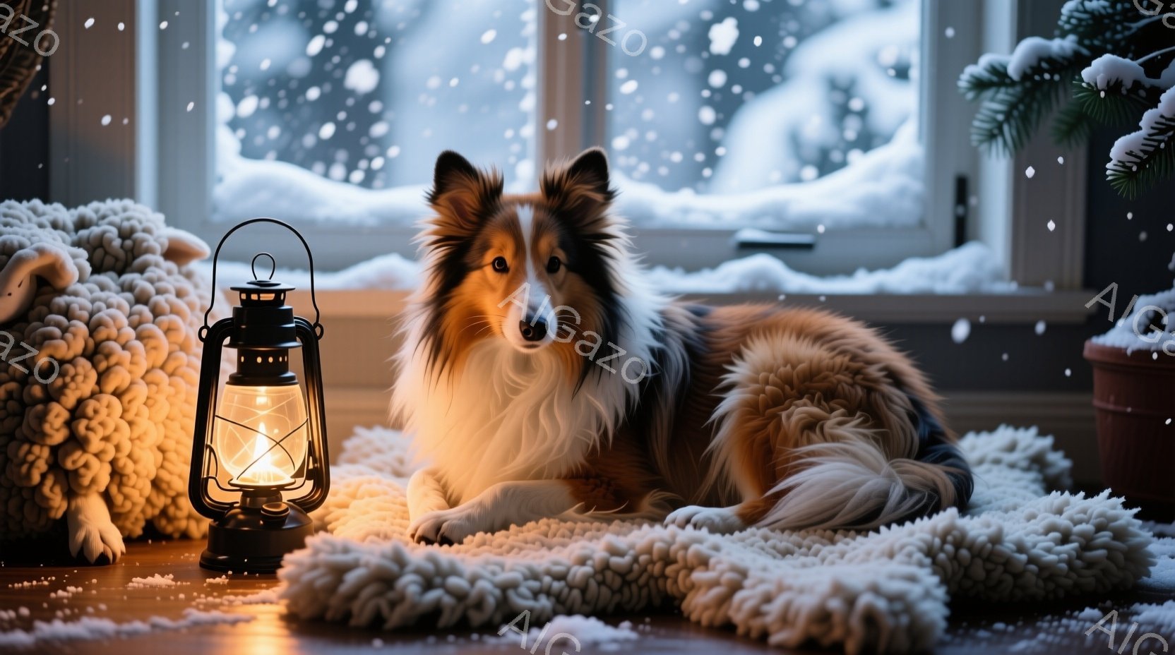 コリー犬が白い毛並みのラグの上に横たわり、温かい光を放つランタンのそばでリラックスしています。窓の外は雪が降り積もり、冬の静かで穏やかな雰囲気を醸し出しています。背景にはクリスマスツリーの一部が見え、 - AI生成フリー素材