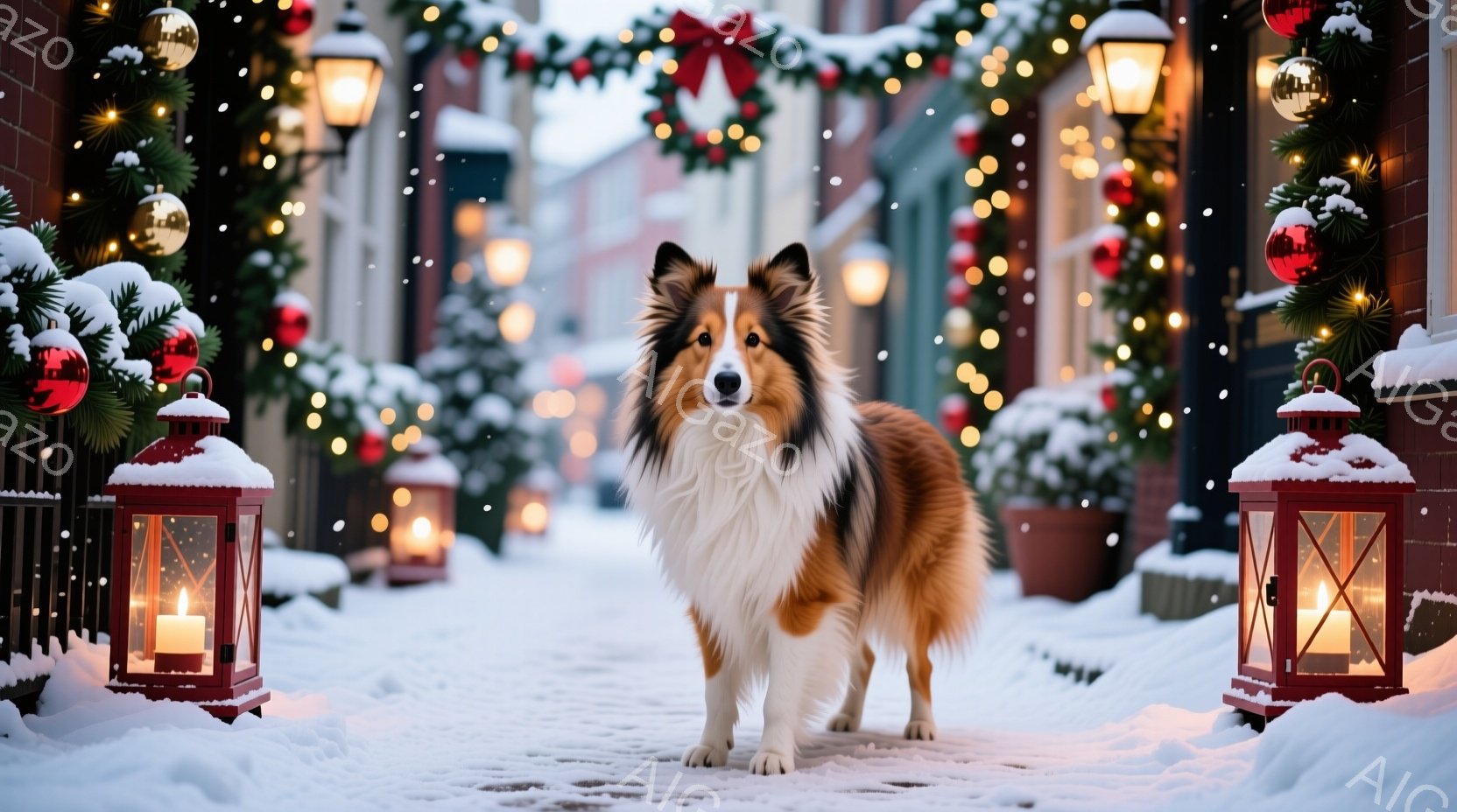 コリー犬が雪で覆われた通りの真ん中に立っている。背景には、クリスマスデコレーションで飾られた建物と、点灯されたランタンが並び、雪が舞っている。全体的に、温かく、お祝いの雰囲気が漂う冬の風景だ。 - AI生成フリー素材