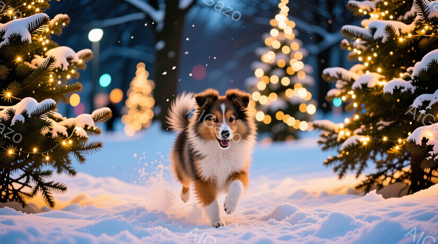 雪原を走る美しいコリー犬が写っています。犬は茶色と白の毛並みで、嬉しそうな表情で、雪煙をあげながら走っています。背景にはクリスマスツリーのイルミネーションが輝き、冬の暖かく幻想的な雰囲気を醸し出してい - AI生成フリー素材