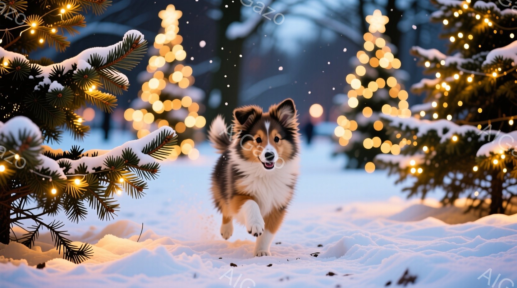 雪景色の中、トリコロールカラーのシェットランドシープドッグが駆けている。背景にはぼんやりとした光のぼんやりとした光が輝き、冬の暖かく幻想的な雰囲気を醸し出している。犬は笑顔で、雪の上を元気に走り、喜びと活気に満ちている。