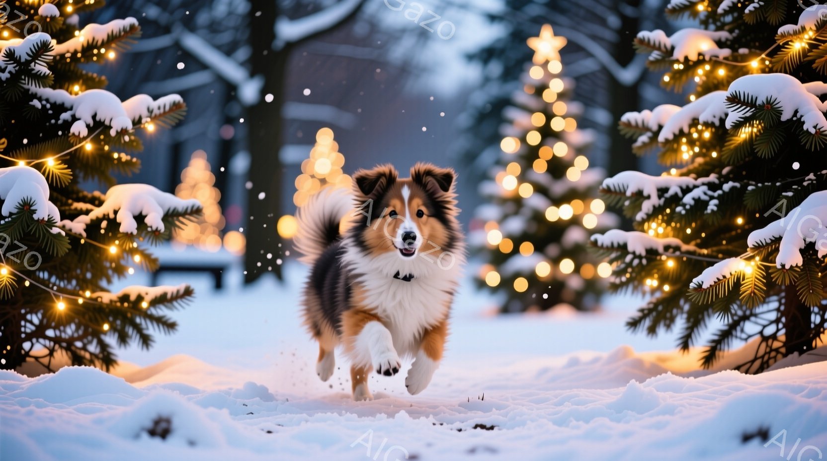 白い雪に覆われた野原を、毛並みの美しいシェットランドシープドッグが駆けている。背景には、イルミネーションで飾られたクリスマスツリーがぼんやりと見え、雪が舞う幻想的な冬の景色が広がる。犬は嬉しそうに走り - AI生成フリー素材