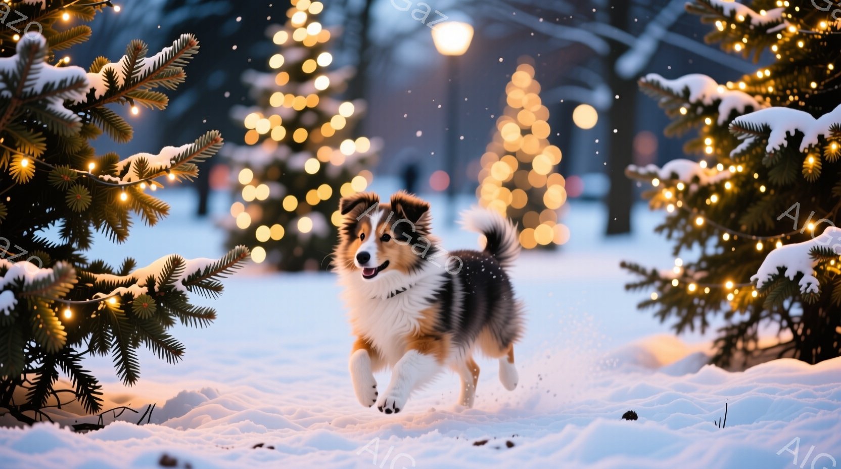 雪景色の中に、茶色と白の美しい毛並みを持つシェットランドシープドッグが走っている。背景にはぼやけたクリスマスツリーのイルミネーションが輝き、雪が舞い散る冬の幻想的な雰囲気を醸し出している。犬は活発で楽 - AI生成フリー素材