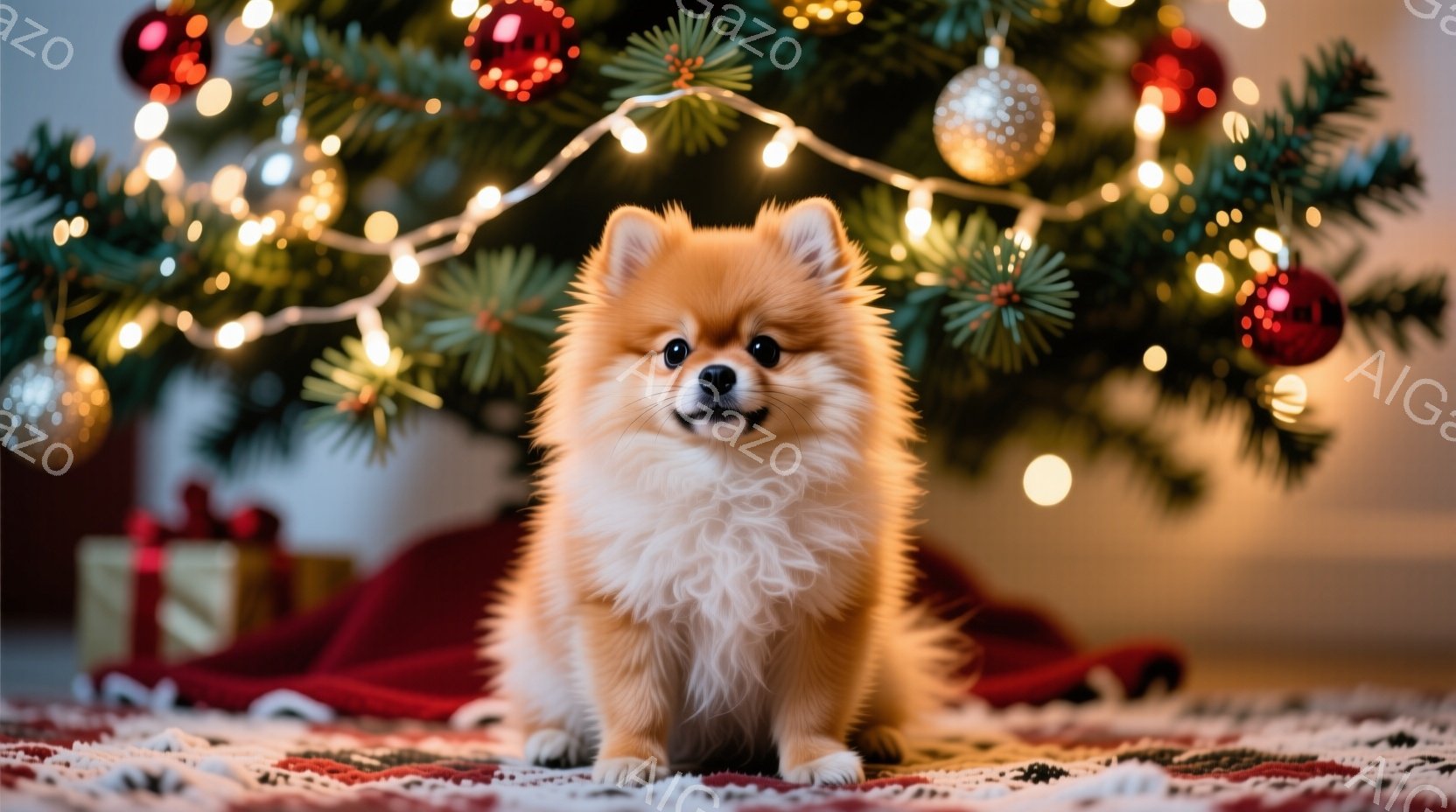 ふわふわの茶色いポメラニアンが、頭にサンタの帽子をかぶって雪の中を駆け抜けています。犬は口を開けて楽しそうに笑っており、雪が舞い上がってその動きを強調しています。背景には、イルミネーションで飾られた家 - AI生成フリー素材