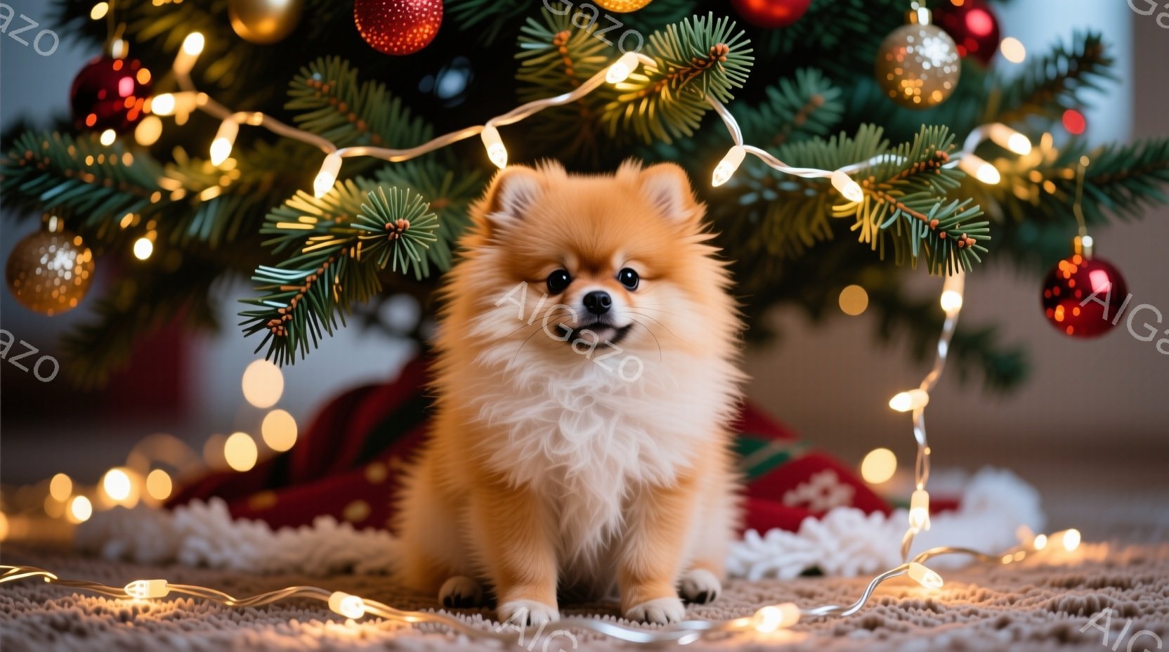 ふわふわのクリーム色のポメラニアンの子犬が、クリスマスツリーの前に座っています。子犬は前足を揃えて座り、少し上目遣いで微笑んでおり、とても愛らしい表情をしています。背景には、飾り付けられたクリスマスツ - AI生成フリー素材