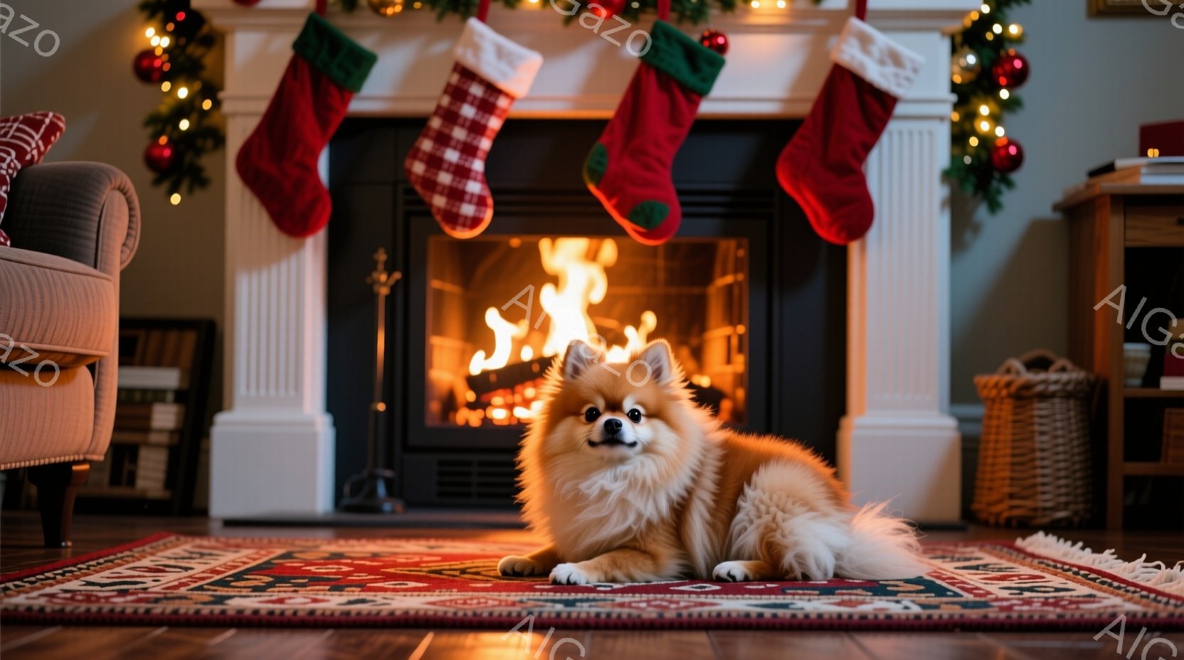 クリーム色のふわふわした毛並みのポメラニアンが、赤い幾何学模様の絨毯の上に横たわっています。暖炉の火が暖かく照らし、その上には赤と白のストライプ柄のクリスマスストッキングが飾られています。部屋全体が温 - AI生成フリー素材