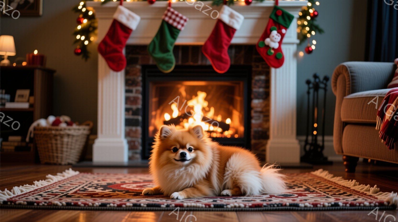 ポメラニアン犬が、暖炉の前に敷かれた赤い絨毯の上でリラックスして横たわっています。暖炉は火が灯っており、クリスマスの飾り付けが施されたマントルピースと、赤いクリスマスストッキングが暖かさと居心地の良い - AI生成フリー素材