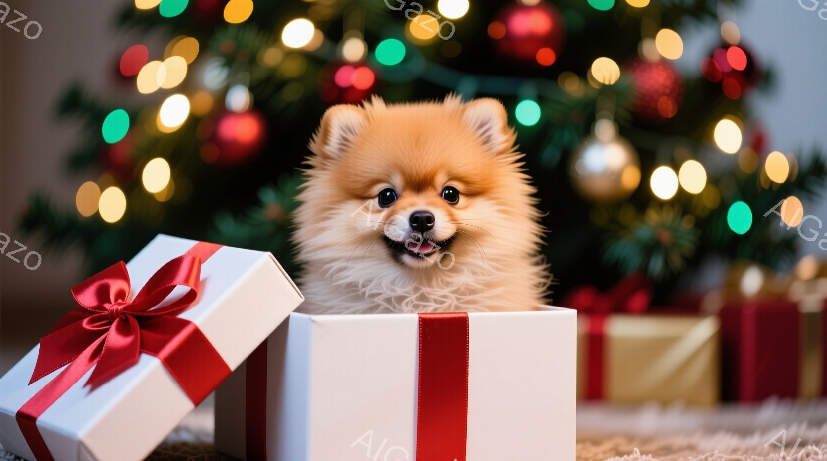 ふわふわの茶色の毛並みを持つ小型犬（おそらくポメラニアン）が、赤いリボンで飾られた白いギフトボックスから顔を出しています。犬は少し口を開けて笑顔を見せており、好奇心と楽しさが伝わってきます。背景にはぼ - AI生成フリー素材