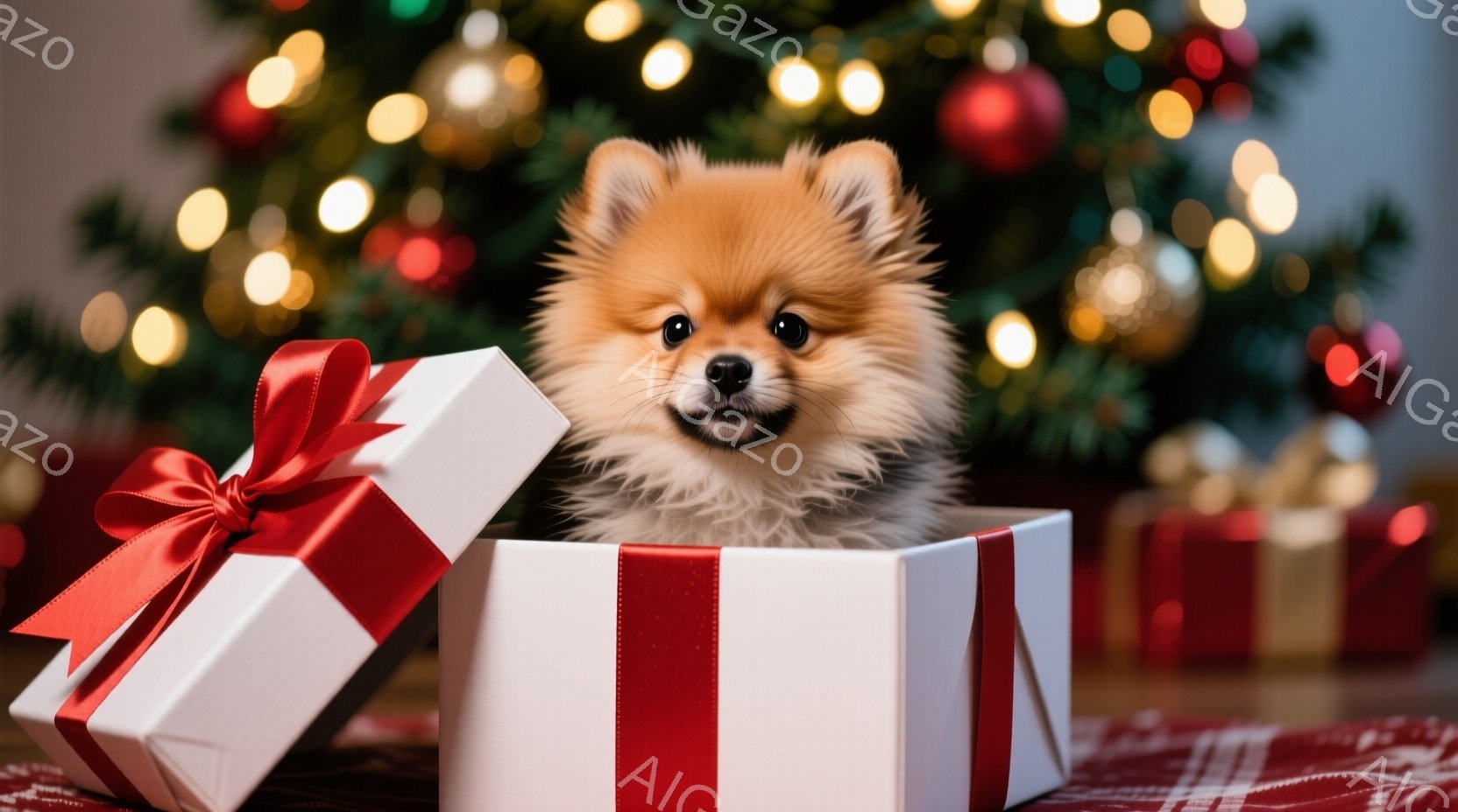 ふわふわのクリーム色の毛並みを持つチワワが、赤いリボンで飾られた白いギフトボックスの中に可愛らしく収まっています。その表情は好奇心と喜びにあふれ、正面を見つめ、小さな鼻が可愛らしいです。背景にはぼやけ - AI生成フリー素材