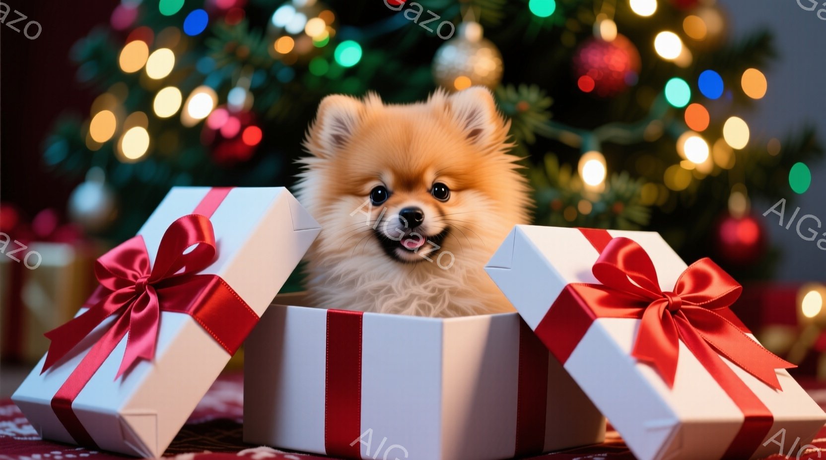 ふわふわの茶色のポメラニアンが、赤いリボンで飾られた白いギフトボックスの中に座っています。犬は口を開けて微笑んでおり、とても幸せそうな表情をしています。背景にはぼやけたクリスマスツリーの光があり、全体 - AI生成フリー素材