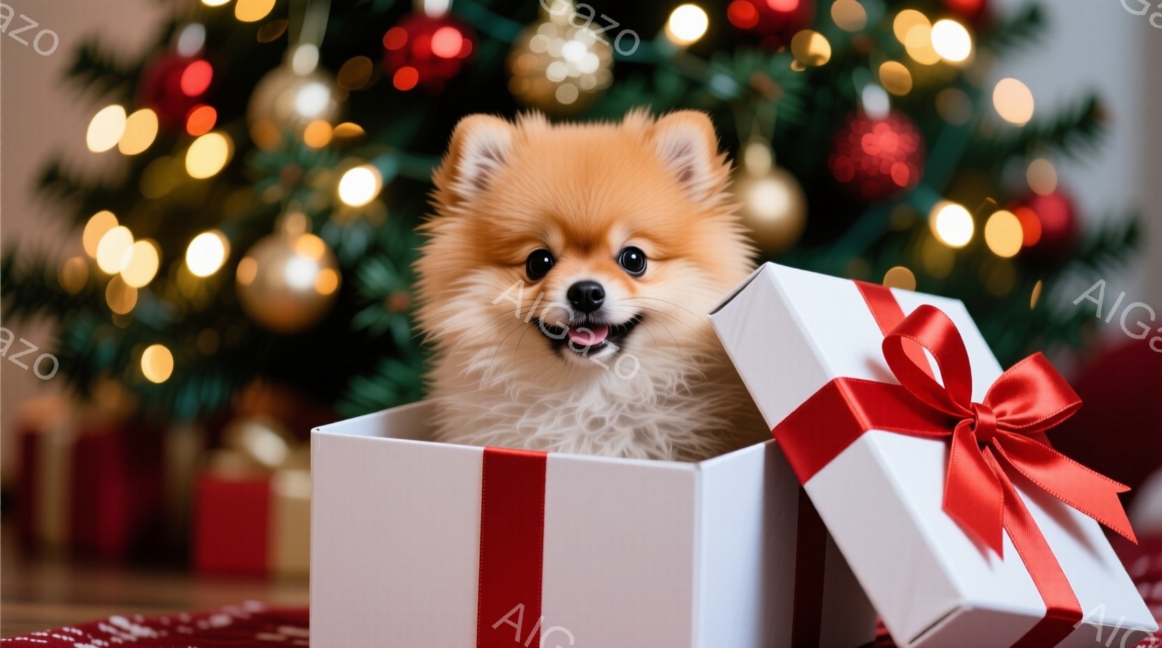 ふわふわの茶色のポメラニアンの子犬が、赤いリボンのかかった白いギフトボックスの中に座っています。子犬は口を開けて笑顔を見せ、とても幸せそうです。背景にはクリスマスツリーのぼやけた光と、赤い布が見え、全 - AI生成フリー素材