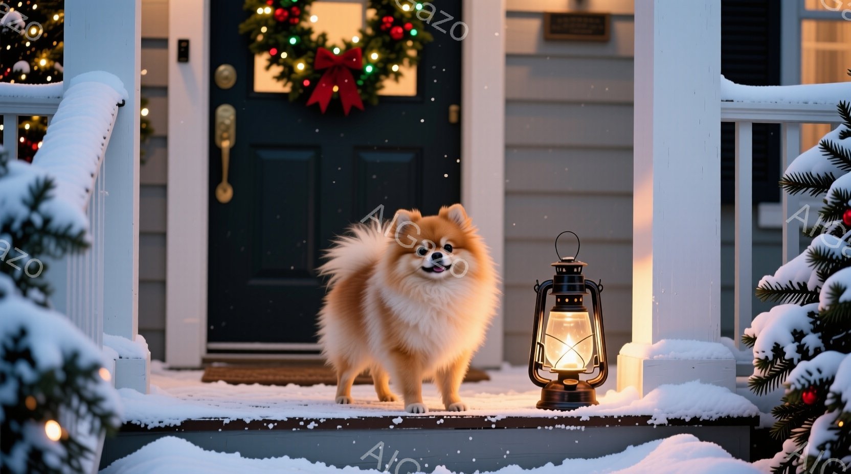 ふわふわとしたクリーム色のポメラニアンが、雪に覆われた家の玄関のステップに立っている。クリスマスの飾り付けがされたドアと、点灯したランタンが暖かく優しい光を放ち、冬の夜の穏やかな雰囲気を演出している。背景には雪に覆われた植生が見え、全体的に心安らぐクリスマスの情景が広がっている。