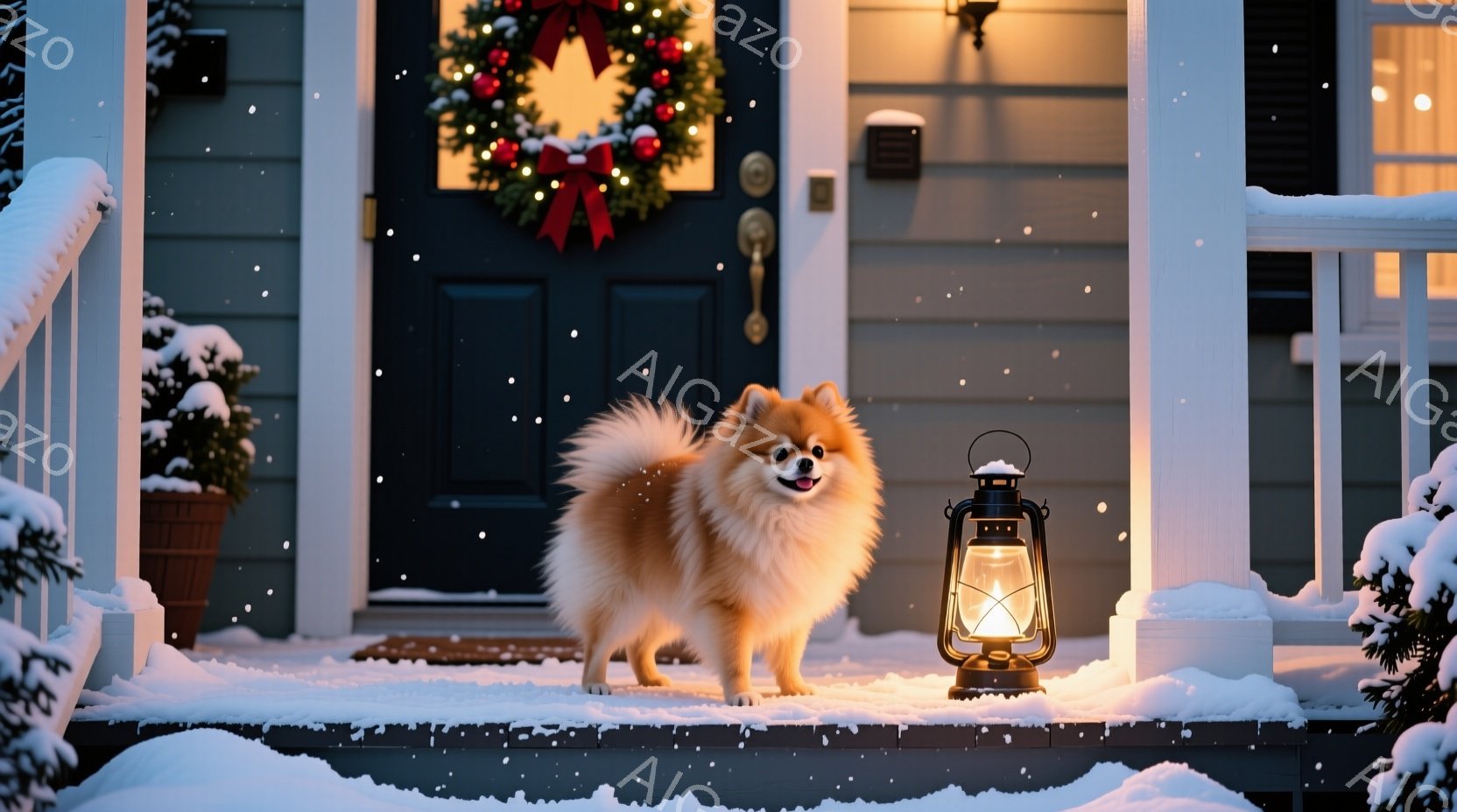 ふわふわのクリーム色のポメラニアンが雪の積もった家の外の階段に立っている。クリスマスのリースが飾られた玄関の前に、暖かく光るランタンが置かれ、暖かい雰囲気を醸し出している。背景は雪景色で、暖色の光が犬 - AI生成フリー素材