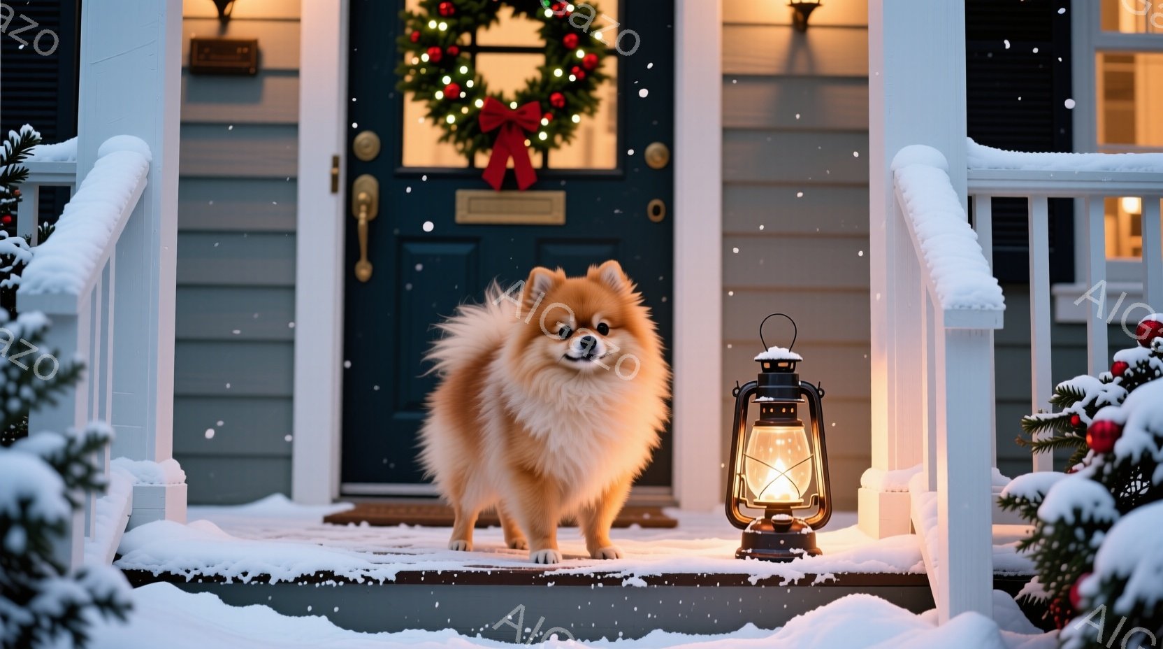 ふわふわの茶色のポメラニアンが、雪で覆われた家の玄関のステップに立っている。背景には、クリスマスリースが飾られた濃い青色のドアと、点灯したランタンがあり、雪が静かに降り積もる冬の暖かい雰囲気を醸し出し - AI生成フリー素材