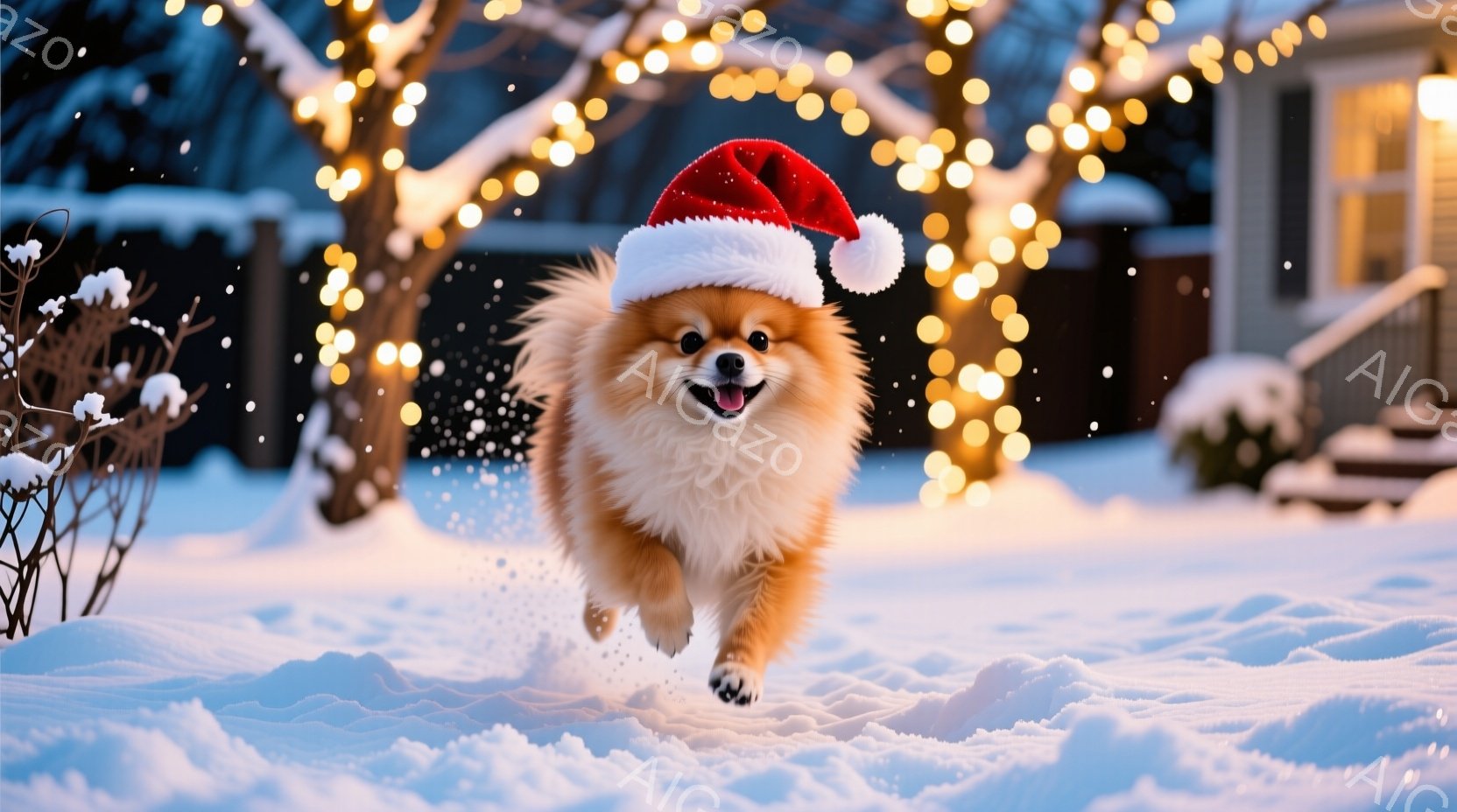 ふわふわの茶色の毛並みを持つ犬が、頭にサンタの帽子を被り、雪の中を力強く走っている。背景には、輝くイルミネーションで飾られた家と、雪で覆われた植物が見え、冬の暖かく楽しい雰囲気が漂っている。犬は嬉しそ - AI生成フリー素材