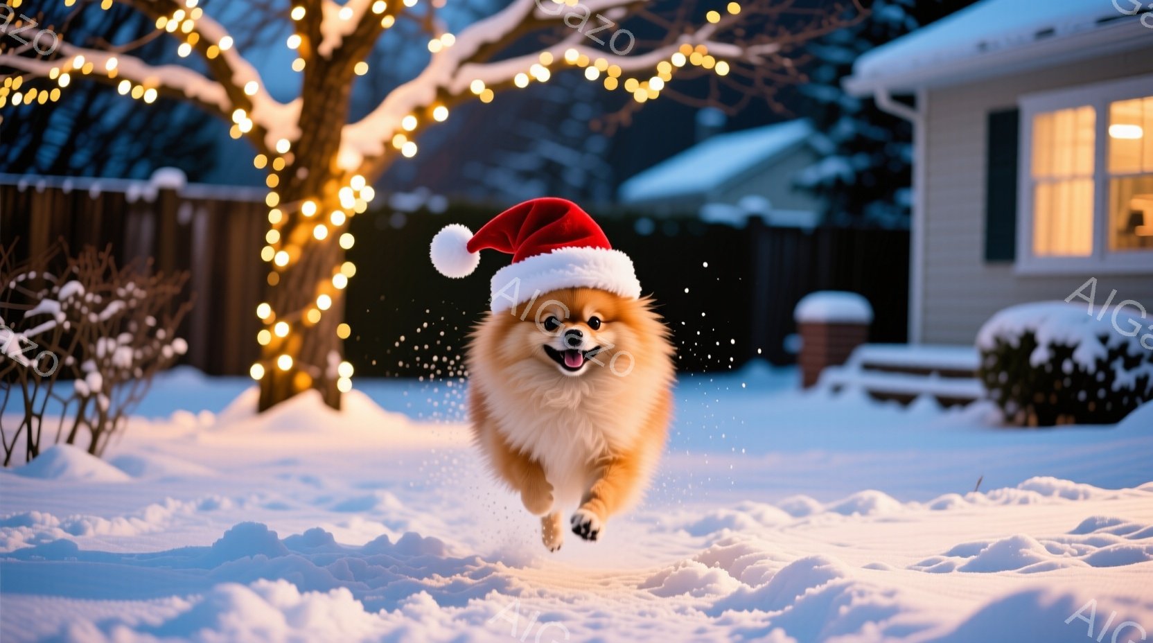 ふわふわの茶色の毛並みを持つポメラニアンが、赤いサンタの帽子をかぶり雪の上を駆けている。背景には雪に覆われた庭と、暖かい光を灯した家が見え、クリスマスの温かく楽しい雰囲気が漂っている。雪はふっくらと積もり、犬の動きと背景の光が合わさり、冬の魔法のような瞬間を捉えている。