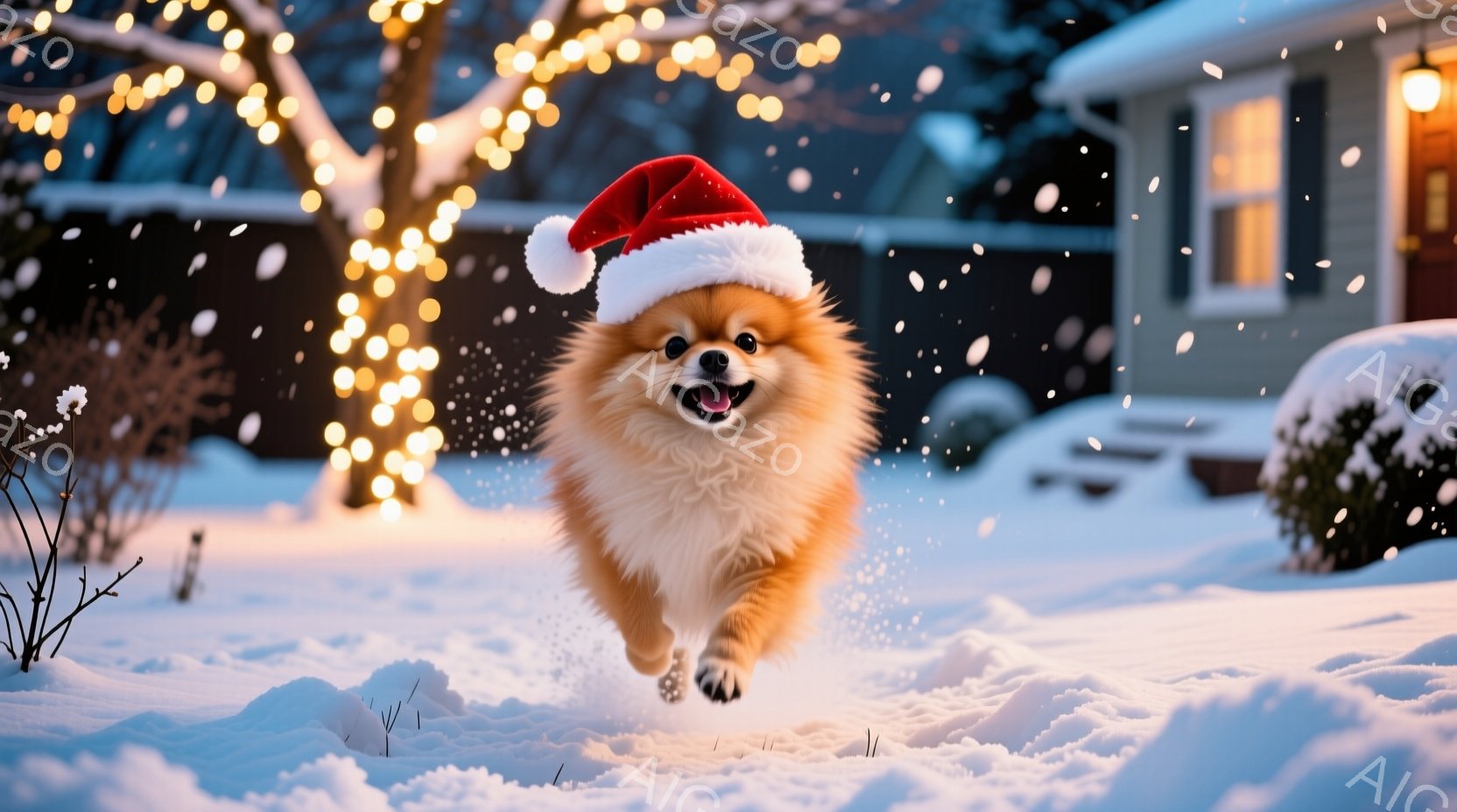 ふわふわの茶色の犬が雪の中を走り、赤いサンタ帽をかぶっています。犬はとても嬉しそうで、口を開けて楽しそうに走っています。背景には雪で覆われた家や木々、そしてキラキラと輝くイルミネーションがあり、温かく - AI生成フリー素材