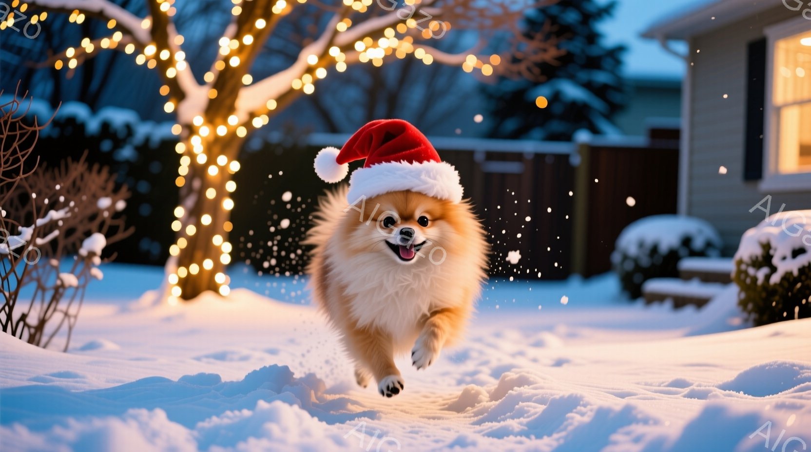 ふわふわのクリーム色の柴犬が、頭にサンタ帽を被って雪の中を駆けている。犬は口を開けて笑顔を見せており、その表情は非常に楽しげだ。背景には飾り付けられたクリスマスライトと雪に覆われた庭園や建物があり、暖かく幸福なクリスマスの雰囲気を醸し出している。