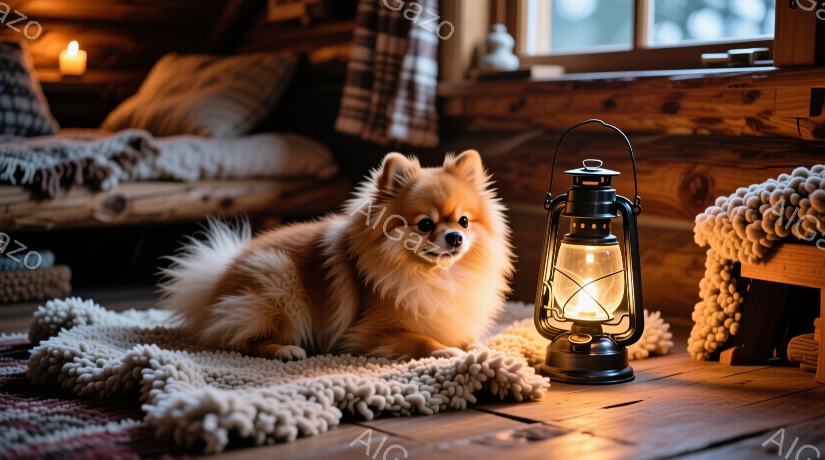 ふわふわのクリーム色の小型犬が、手編みの毛糸のような敷物の上でリラックスして横たわっています。背後には、木製の壁と暖炉のようなものがぼんやりと見え、部屋全体が温かい光に包まれています。テーブルの上には - AI生成フリー素材