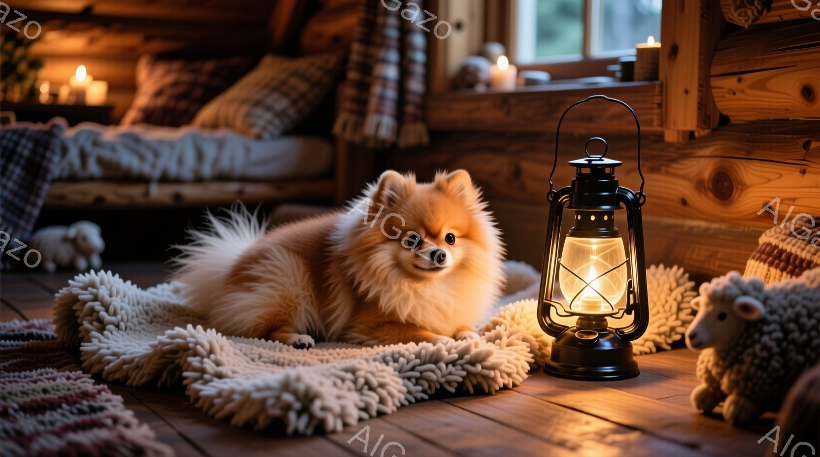 暖炉のある木製の部屋で、ふわふわのクリーム色のポメラニアンが丸い毛布の上に横たわっています。犬はカメラに向かって穏やかな表情で少し微笑んでいるように見え、背景にはキャンドルと毛糸の動物の人形が見えます - AI生成フリー素材