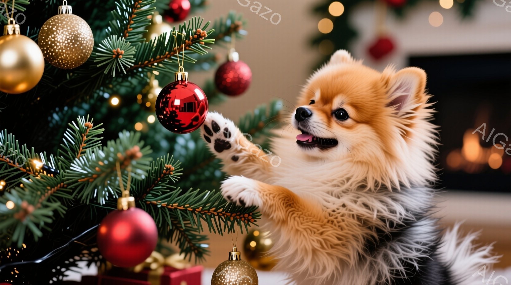 ふわふわのクリーム色と茶色の毛並みを持つ小型犬が、クリスマスツリーの枝に手を伸ばしています。犬は口を開けて少し舌を出し、楽しそうな表情をしています。背景には、他のオーナメントとプレゼントの箱、そしてぼ - AI生成フリー素材