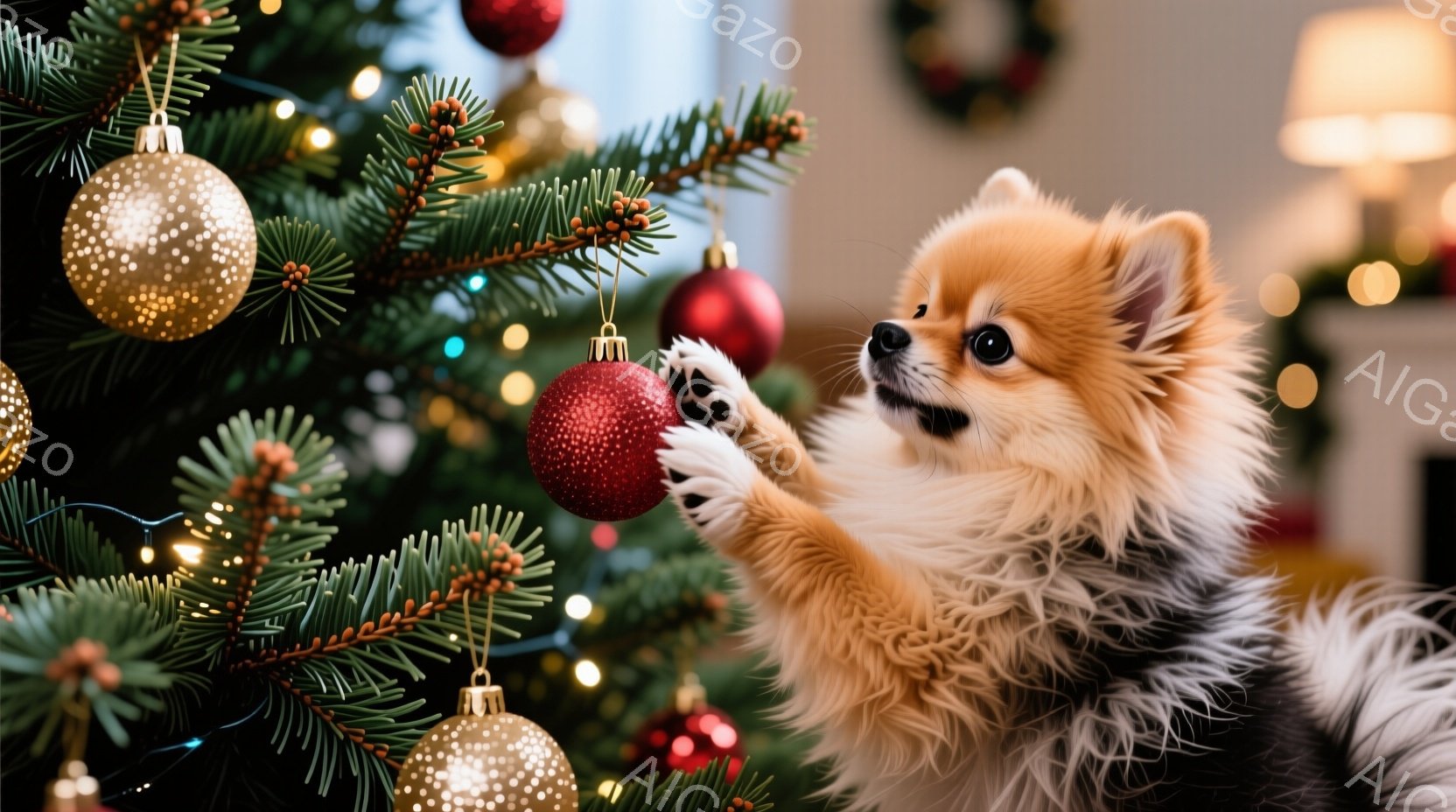 ふわふわの茶色いチワワが、クリスマスツリーの赤いオーナメントに前足を伸ばして触れようとしています。ツリーは緑色の葉と金色の飾りで美しく装飾されており、背景はぼかして暖かく優しい雰囲気を醸し出しています - AI生成フリー素材