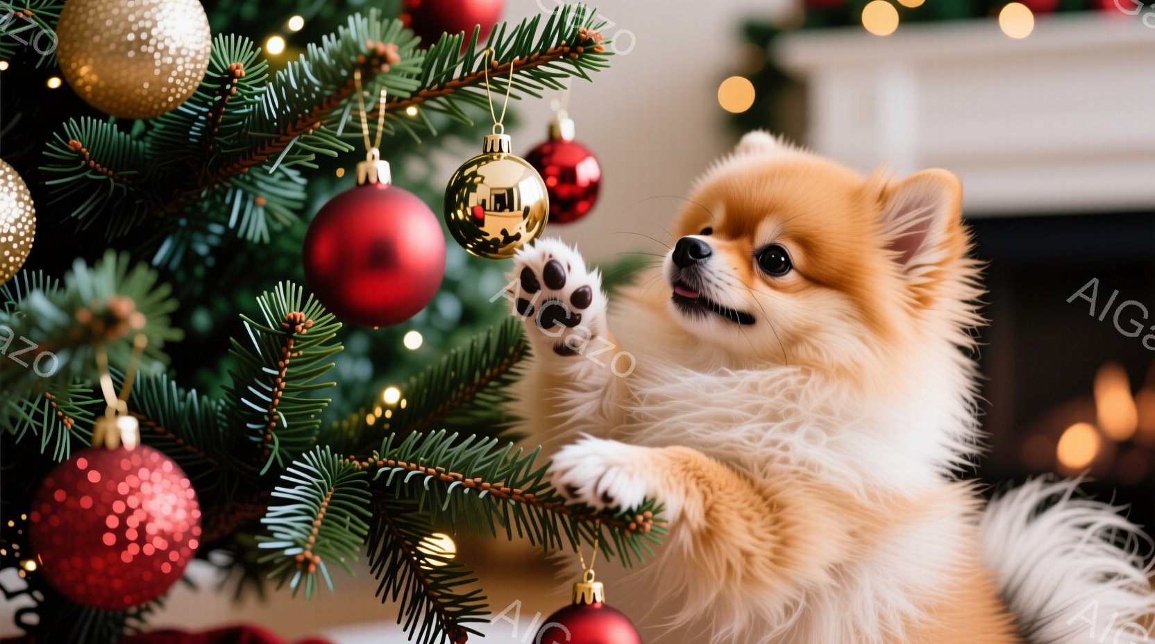 ポメラニアンの子犬がクリスマスツリーの枝に前足をかけて遊んでいます。ツリーは赤と金色のオーナメントで飾られ、背景はぼんやりとした暖炉とキラキラした光で満たされています。全体的に、温かく、お祝いの雰囲気 - AI生成フリー素材