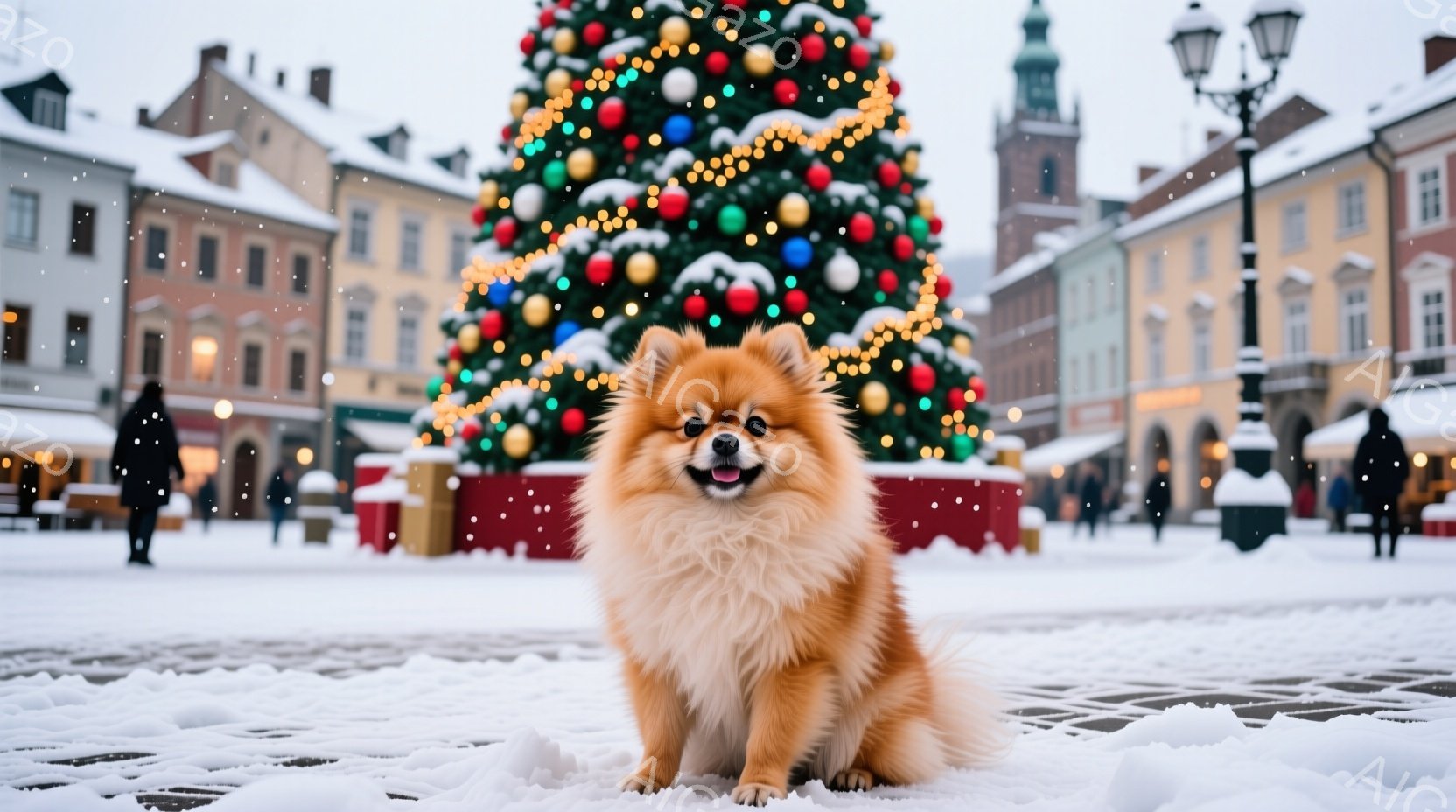 ふわふわの茶色のポメラニアンが雪景色の中で座っています。背景にはクリスマスツリーが輝き、建物が立ち並び、雪が静かに降り積もっています。全体的に温かく、お祝いムードに満ちた冬の風景が広がっています。 - AI生成フリー素材