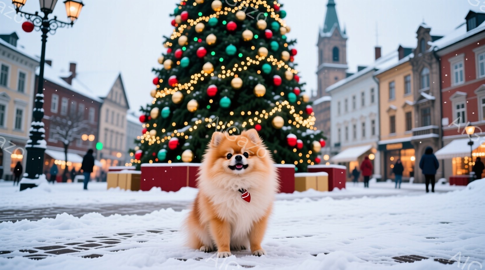 ふわふわのクリーム色のポメラニアンが雪の上に座り、赤い首輪をつけてこちらを見つめています。背景には、きらびやかなオーナメントで飾られた巨大なクリスマスツリーと、雪に覆われた石畳の広場、そして遠くにそび - AI生成フリー素材