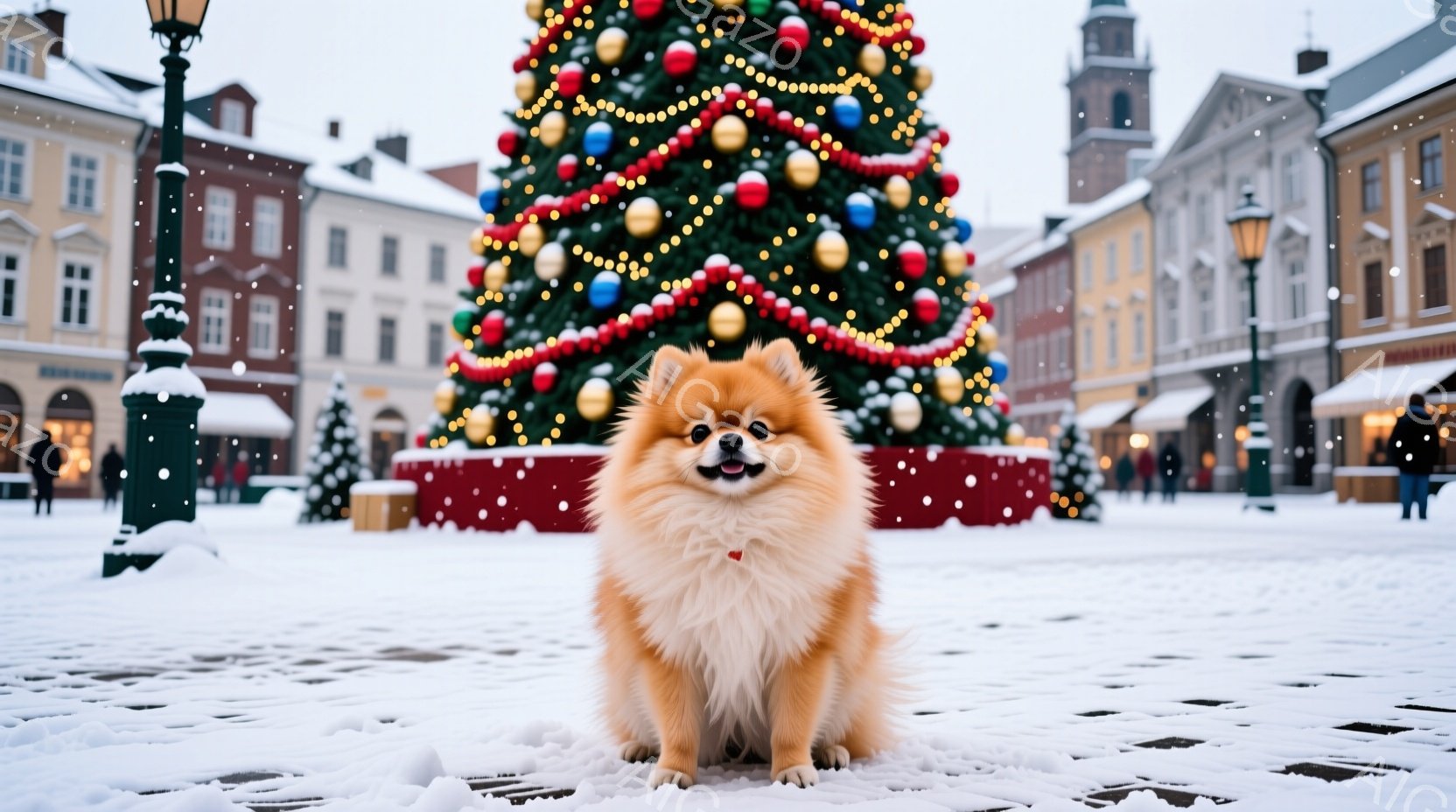 ふわふわの茶色のポメラニアンが雪の上に座っており、カメラに向かって正面を見ている。背景にはクリスマスツリーが飾られた広場があり、周囲には建物が並び、雪が降っている。暖かい光と白い雪のコントラストが、冬 - AI生成フリー素材