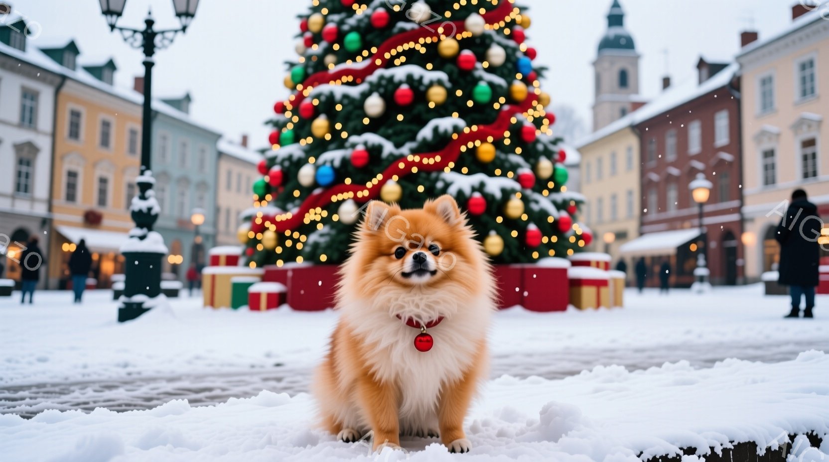ふわふわの茶色のポメラニアンが雪に覆われた広場に座っています。背景には、カラフルなオーナメントとプレゼントボックスで飾られた巨大なクリスマスツリーがあり、遠くには歴史的な建物が並んでいます。雪が舞い散 - AI生成フリー素材