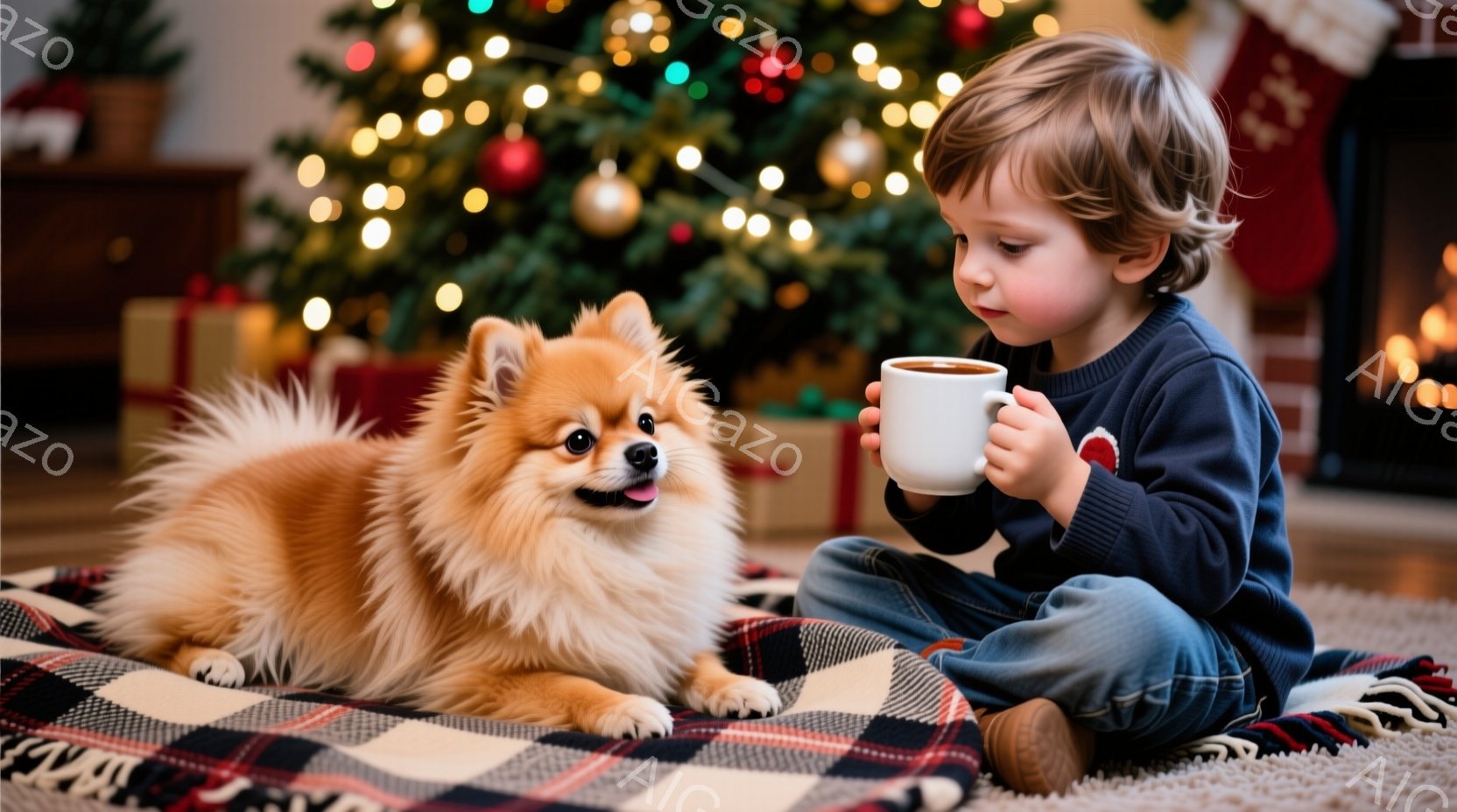 茶色い毛並みのポメラニアンと少年が、赤いチェックのブランケットの上に座っています。少年は紺色のセーターとジーンズを着用し、片手にマグカップを持って少し下を見つめており、穏やかな表情をしています。背景に - AI生成フリー素材