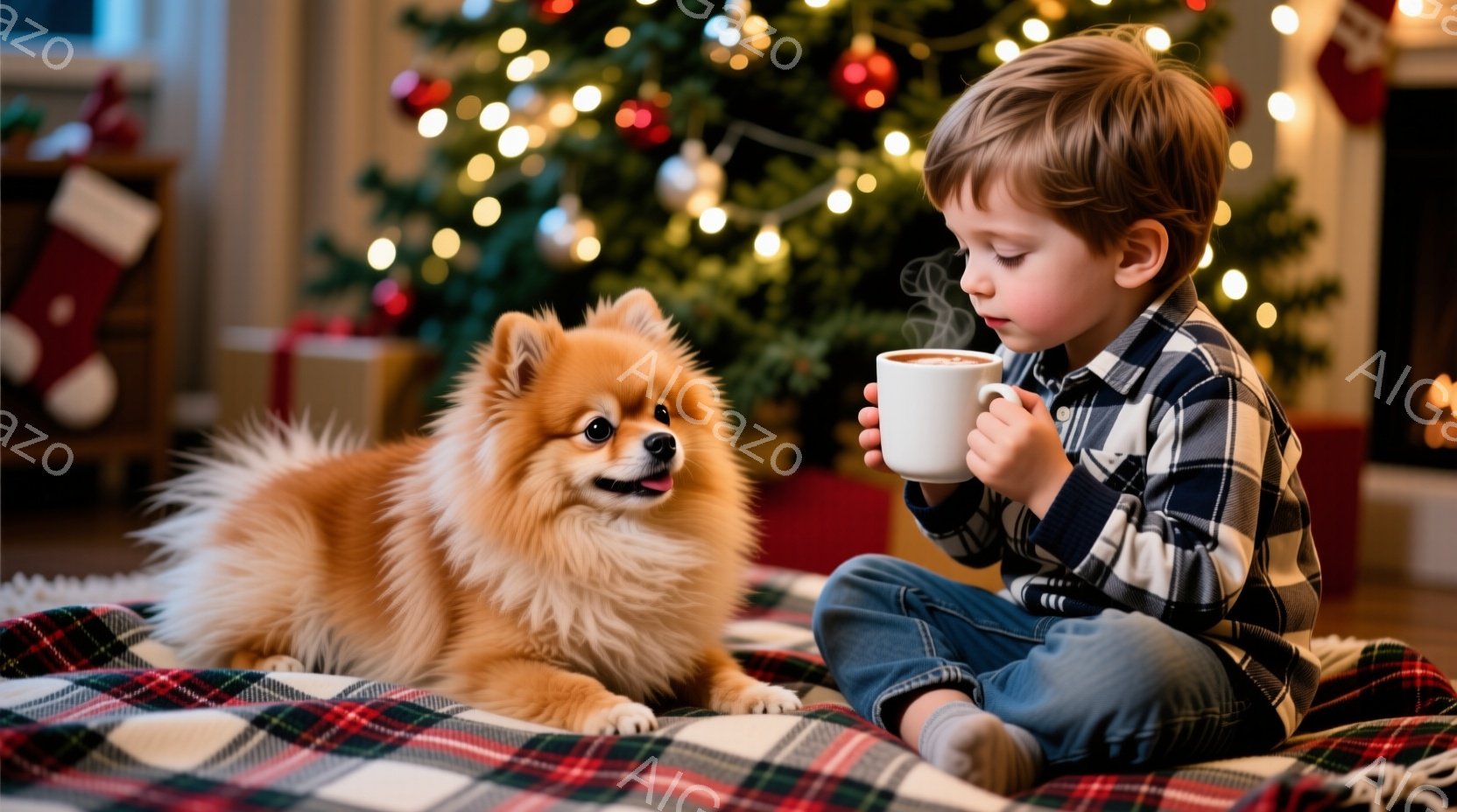 少年はチェック柄の敷物の上に座り、手を組んで温かい飲み物を楽しんでいます。オレンジ色のふわふわした犬が少年の隣に横たわり、好奇心旺盛な表情で少年を見つめています。背景には、飾り付けられたクリスマスツリ - AI生成フリー素材