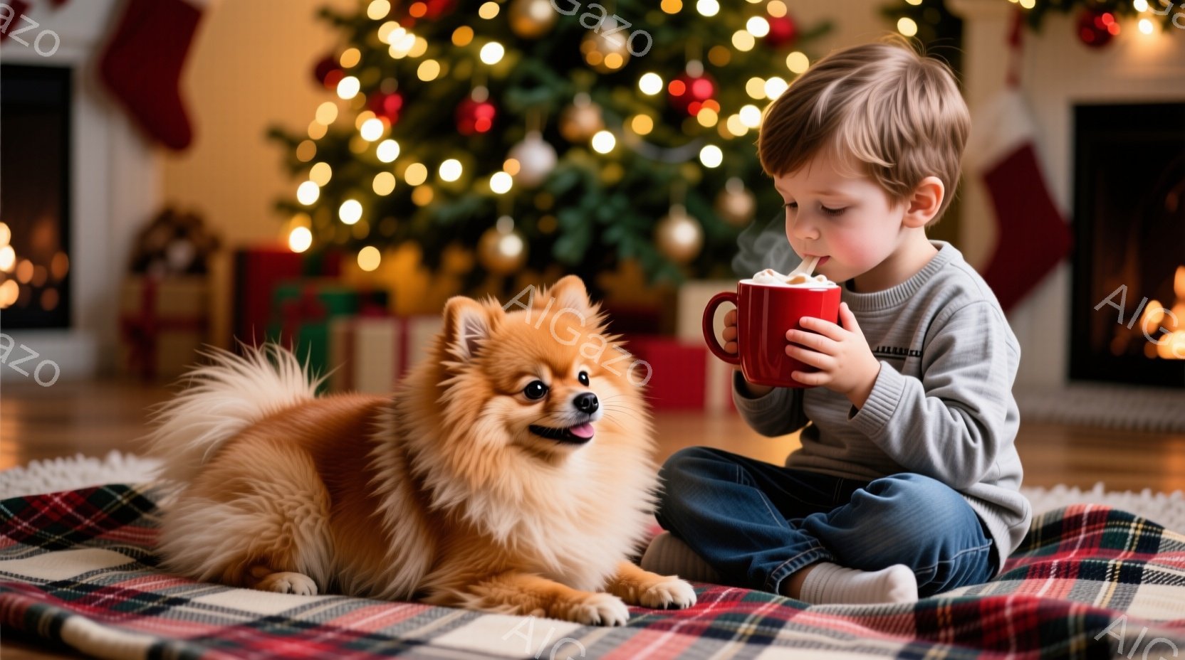 少年は床に座り、赤いマグカップを両手で抱えて温かい飲み物を楽しんでいます。茶色のふわふわの犬が少年の隣でリラックスして横たわり、満足げな表情をしています。背景にはクリスマスツリーが輝き、暖炉の炎が灯り - AI生成フリー素材