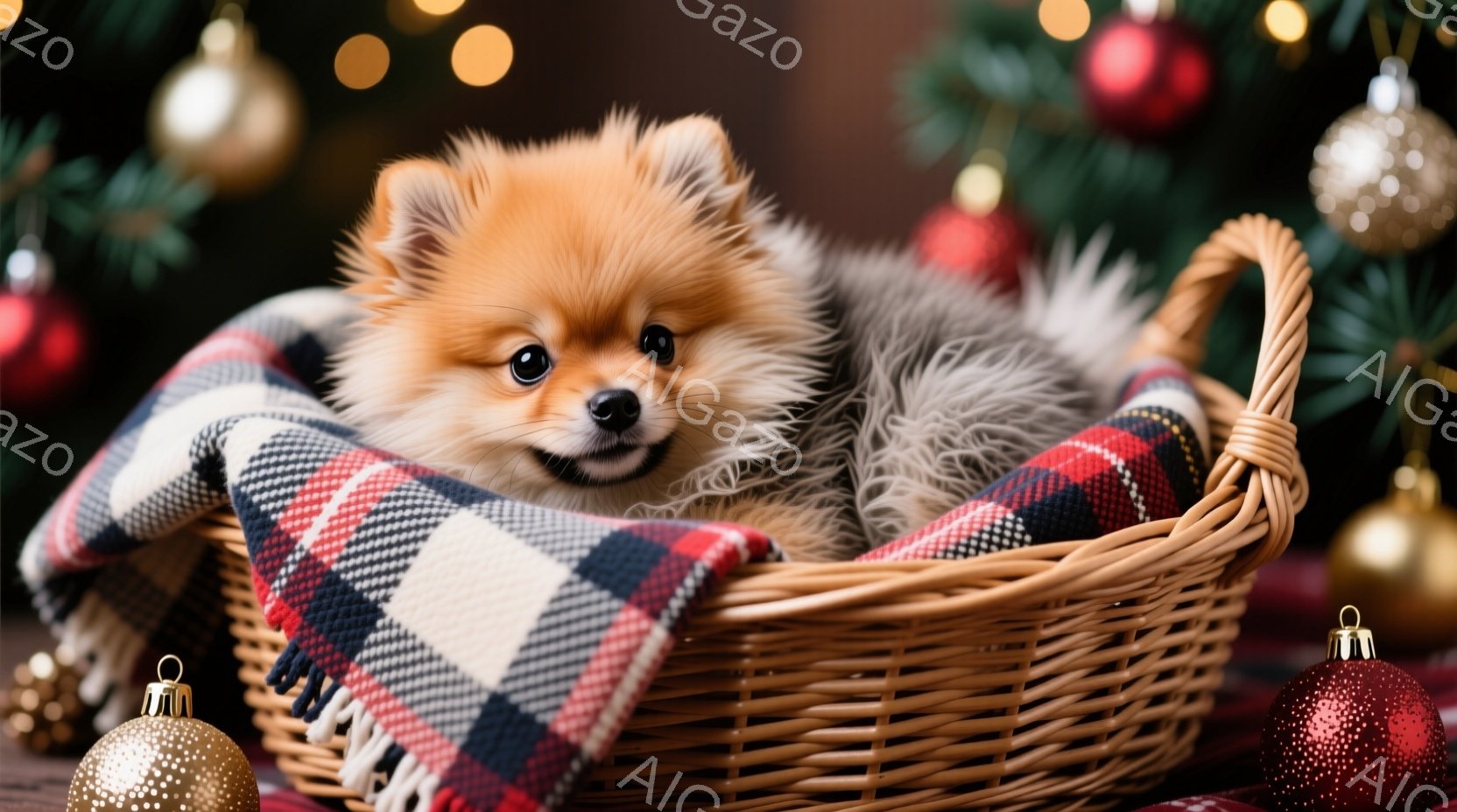 ポメラニアンの子犬が、赤と白の格子柄の毛布とふわふわのベッドが敷かれたバスケットの中で丸まって眠っています。背景にはクリスマスツリーの緑と、金や赤のオーナメントが散りばめられ、温かく優しい雰囲気が漂っています。子犬は穏やかな表情で、クリスマスの季節にぴったりの愛らしい光景です。