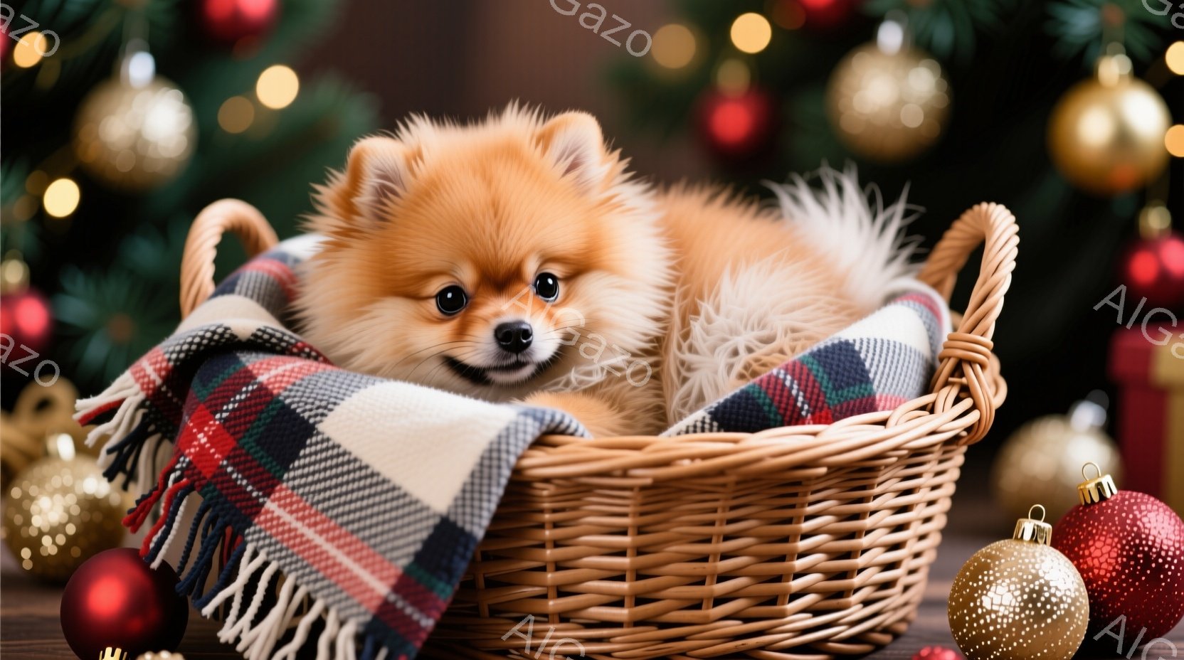 ふわふわの茶色のポメラニアンが、チェック柄のブランケットを敷いたバスケットの中に丸まって座っています。背景には、クリスマスツリーとキラキラ光るオーナメントがぼやけて写っており、暖かくお祝いムードに満ち - AI生成フリー素材