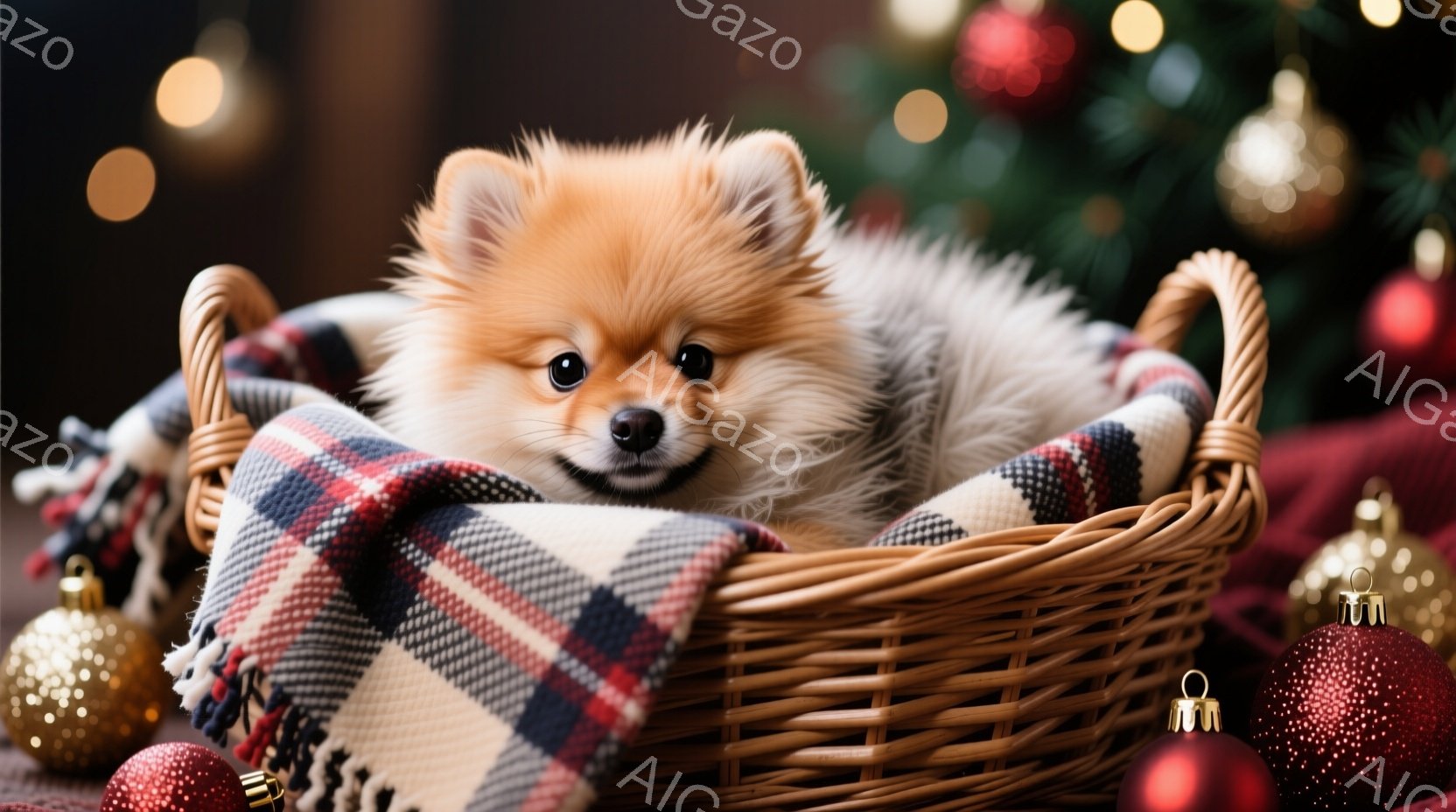 小さな茶色のポメラニアン犬が、チェック柄のブランケットが敷かれた籐の籠の中に丸まって座っています。犬はカメラに向かって微笑んでおり、とても可愛らしい表情をしています。背景には、クリスマスオーナメントと - AI生成フリー素材